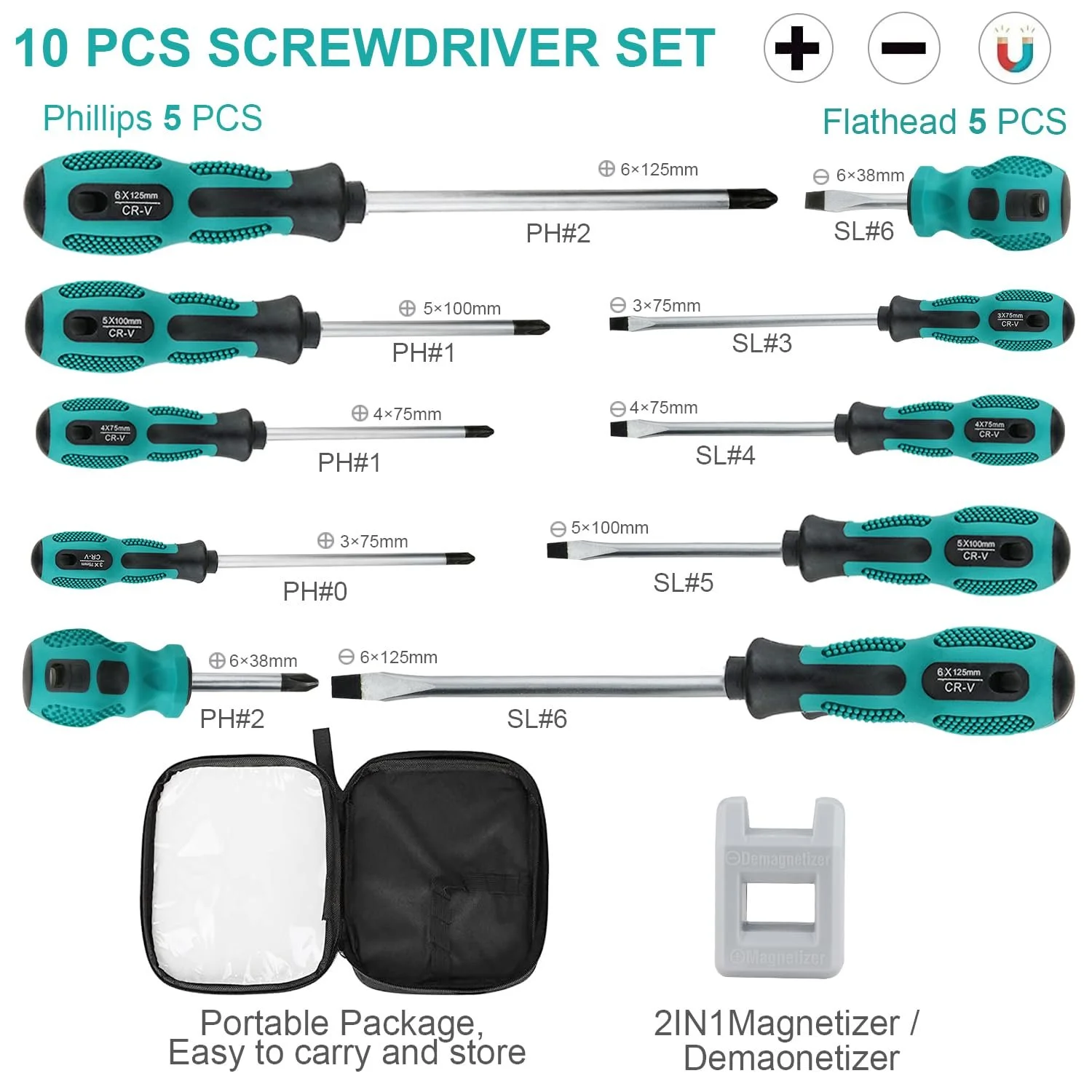 Набір викруток магнітних 10 шт Cr-V Шліцеві та хрестові, фото №3