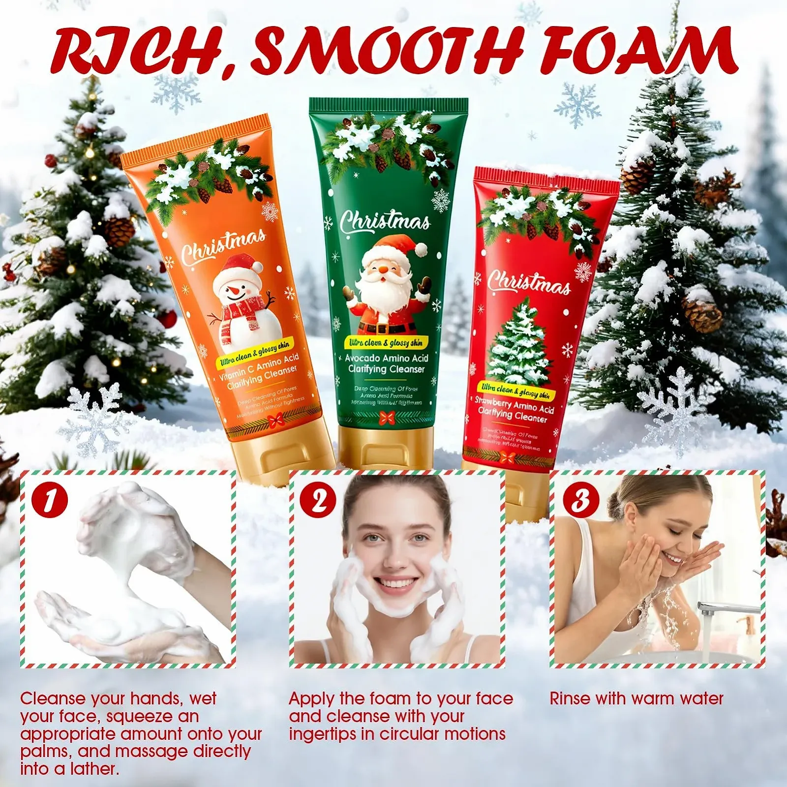 Очищающее средство для лица Рождество Набор для умывания для женщин Рождественские подарки для женщин Очищающее средство для лица Рождественский подарок для мамы Девушки Коллег Мягкое очищение Витамин С Авокадо Клубника Набор из 3 штук, фото №6