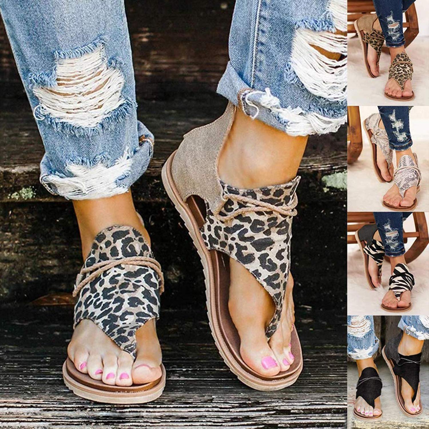 Вьетнамки Женские Ретро Сандалии-Гладиаторы Леопард Молния Удобные Плоские PU Кожаные, фото №7