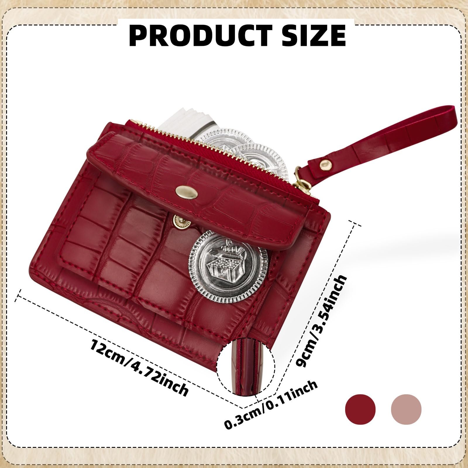Кошелек MultiValue Slim Card Case, Кожаный картхолдер с отделением для монет, Карточный кошелек подходит для переднего кармана, Кошелек на молнии для женщин с карманом на кнопке, темно-красный, Modern, фото №2