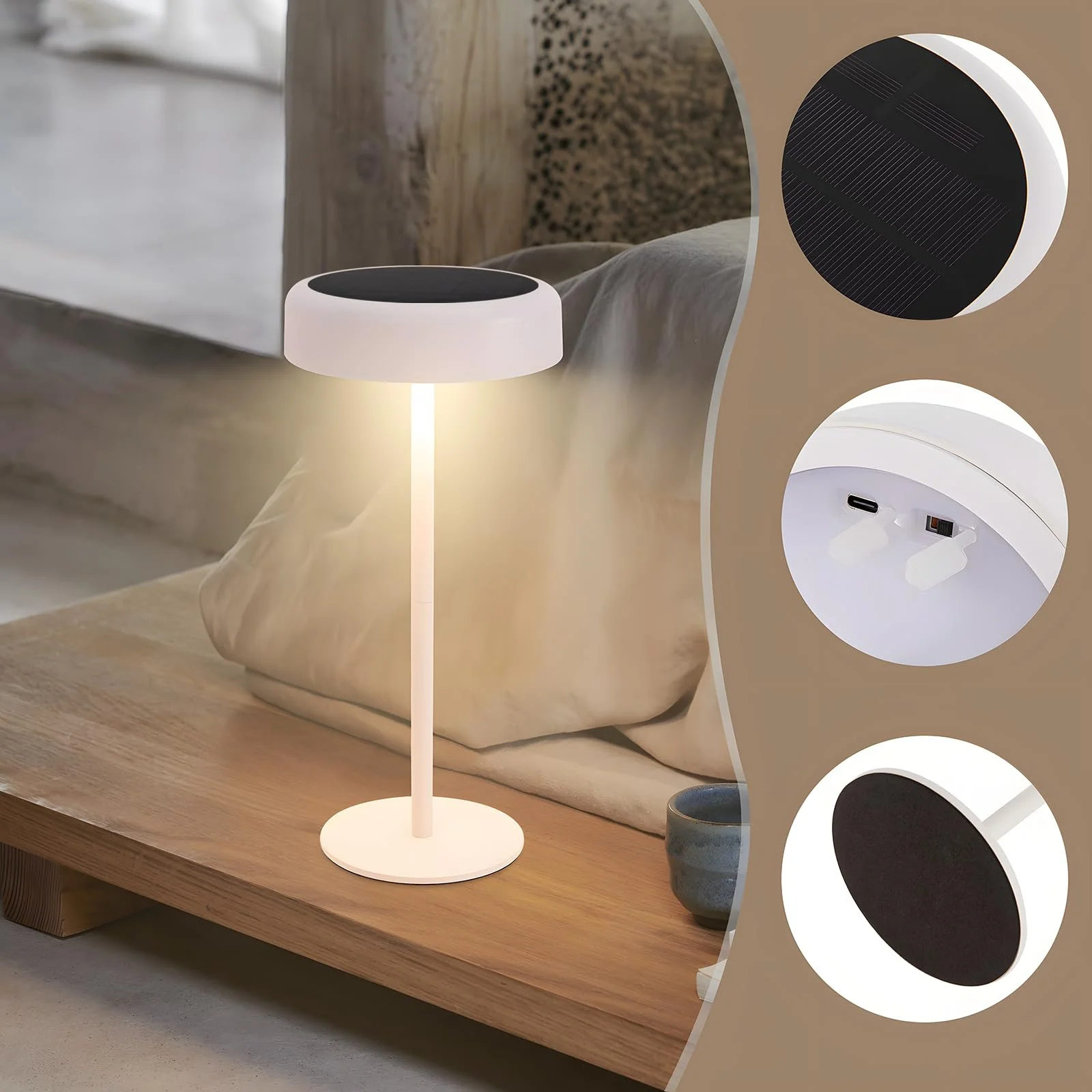 Настільна лампа LED Бездротова Сонячна Сенсорна Діммована 3000-5000 K USB-C 3600 мАг IP44 (Біла), фото №5