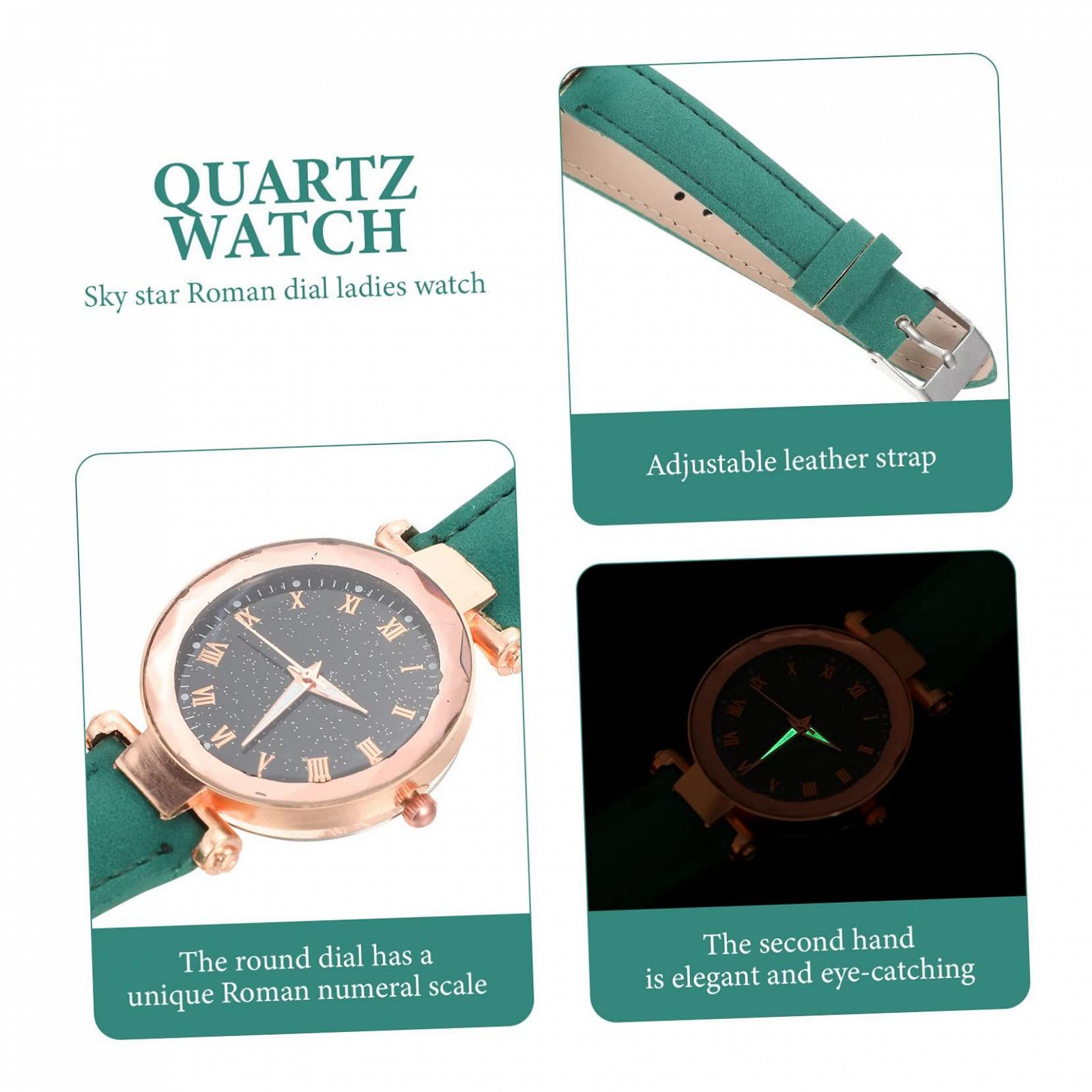 Женские часы PartyKindom с зелеными римскими цифрами, регулируемый кожаный ремешок, фото №7
