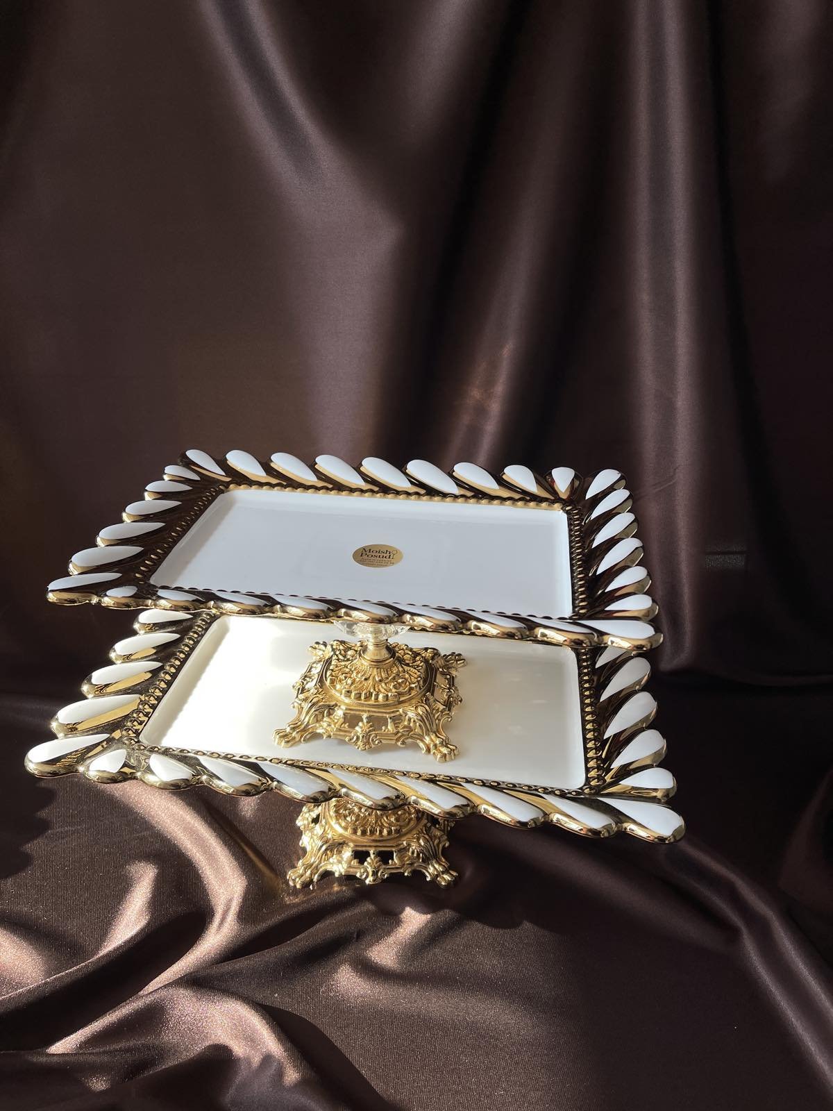 Тортовниця, блюдо фарфор з золотим декором на ніжці Розкіш 30х20 см, фото №1