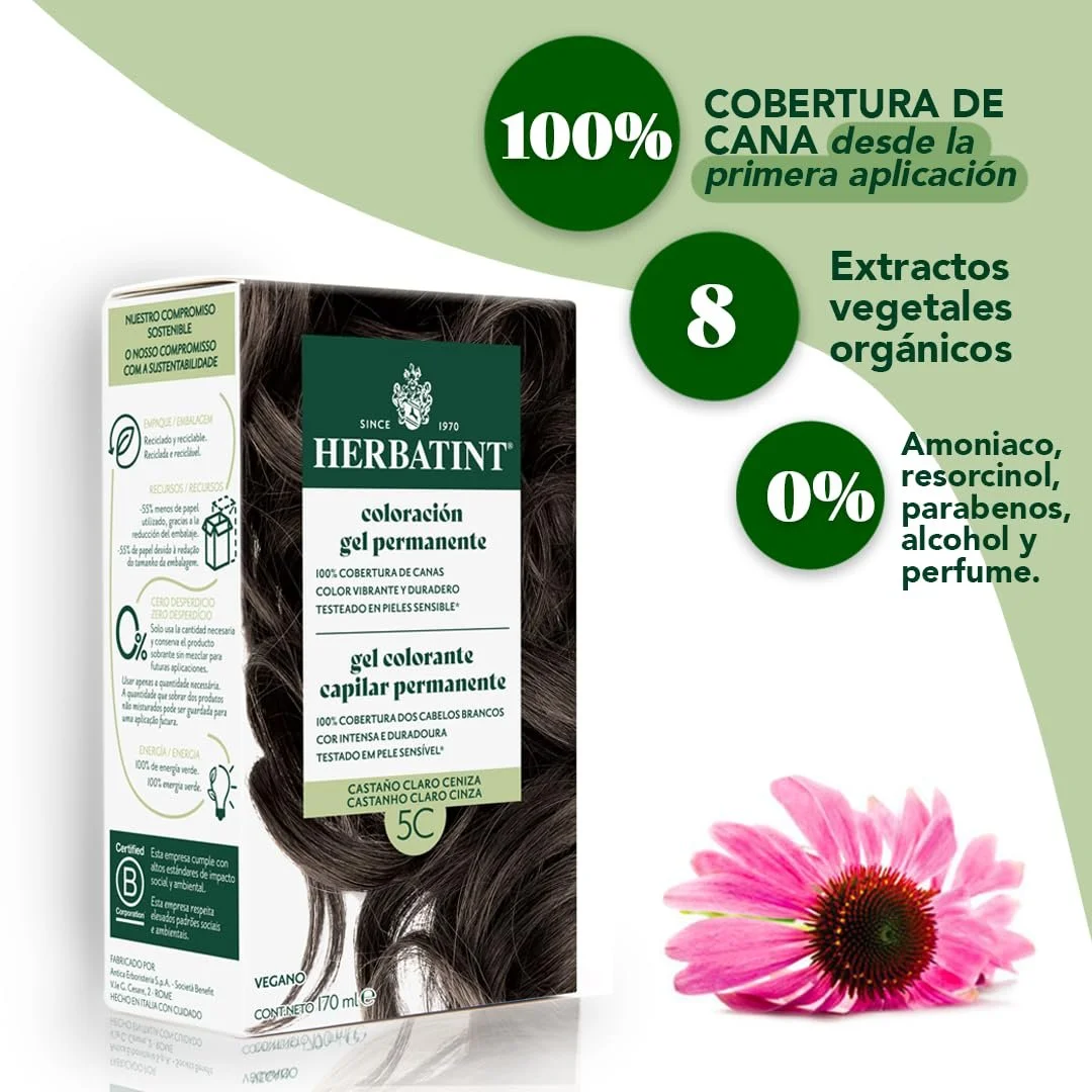 Фарба для волосся Herbatint Permanent Gel 5c Світлий Попелястий Каштан, 170 мл, фото №2