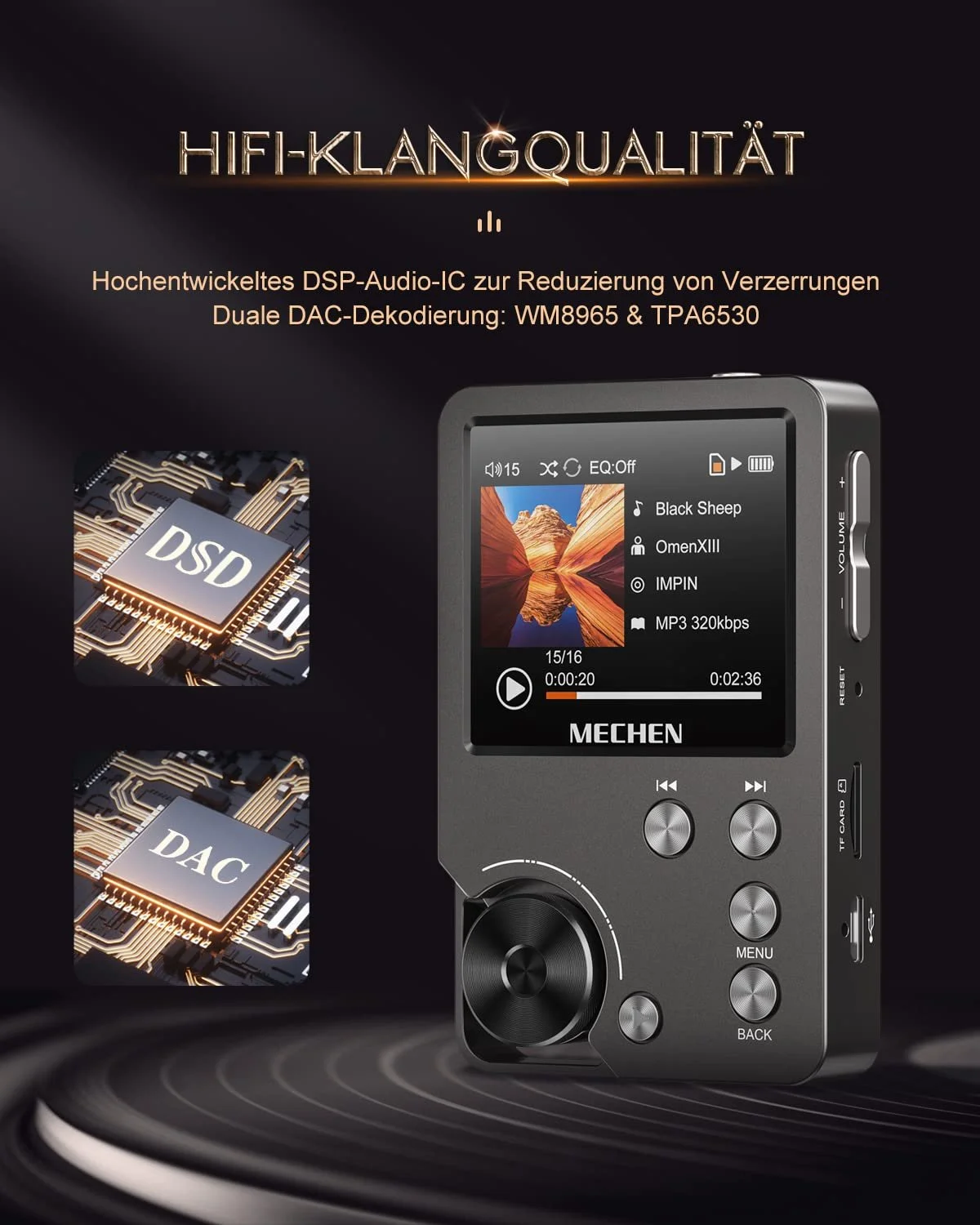 MP3 плеер MECHEN M30 Hi Res, DSD FLAC DAC CUE, аудио высокого разрешения, HiFi цифровой звук, портативный DAP с картой памяти 64GB, серый, фото №3