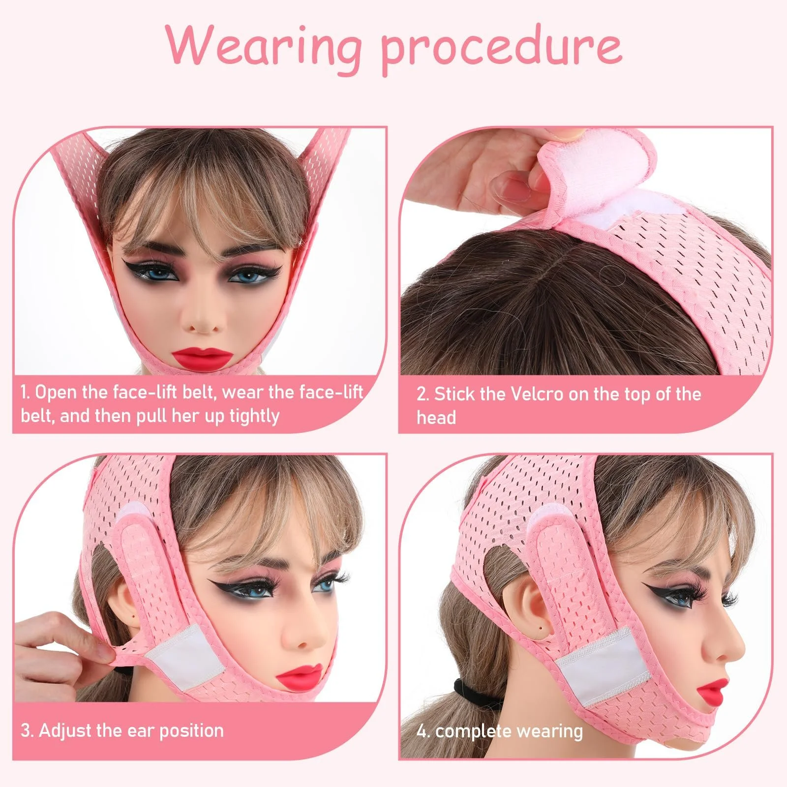 V-подібна маска TIESOME для підтяжки обличчя, рожева, поліестер, для зменшення подвійного підборіддя, фото №5