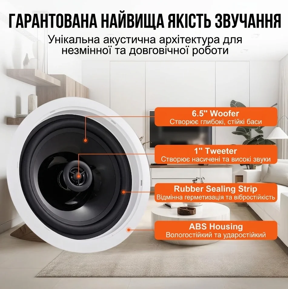 Беспроводные встраиваемые потолочные колонки VEVOR 6.5'' / Bluetooth / 8Ω / 150 Вт / 89 дБ / Врезные / Для дома, кухни, гостиной, спальни / Белые (645-BT), фото №5
