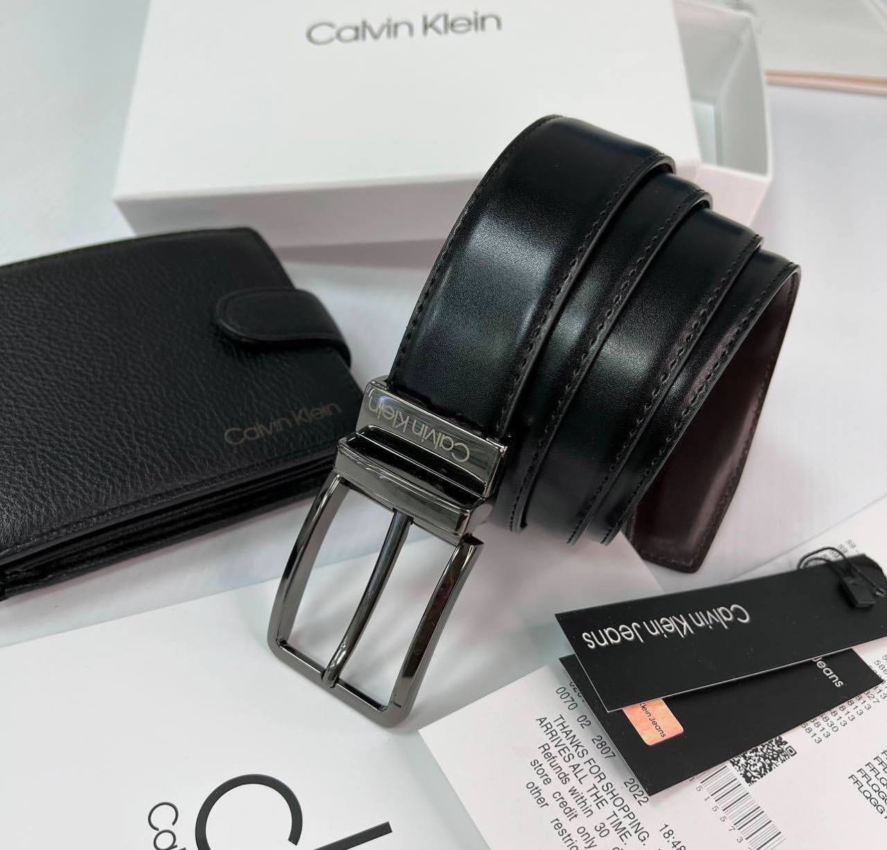 Мужской подарочный набор Calvin Klein черный кожаный ремень и кошелек на застежке, фото №8