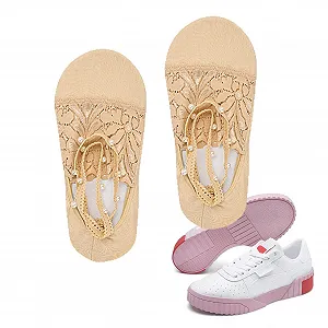 Жіночі шкарпетки-слідки мереживні, однотонні тілесного кольору - Фото 1