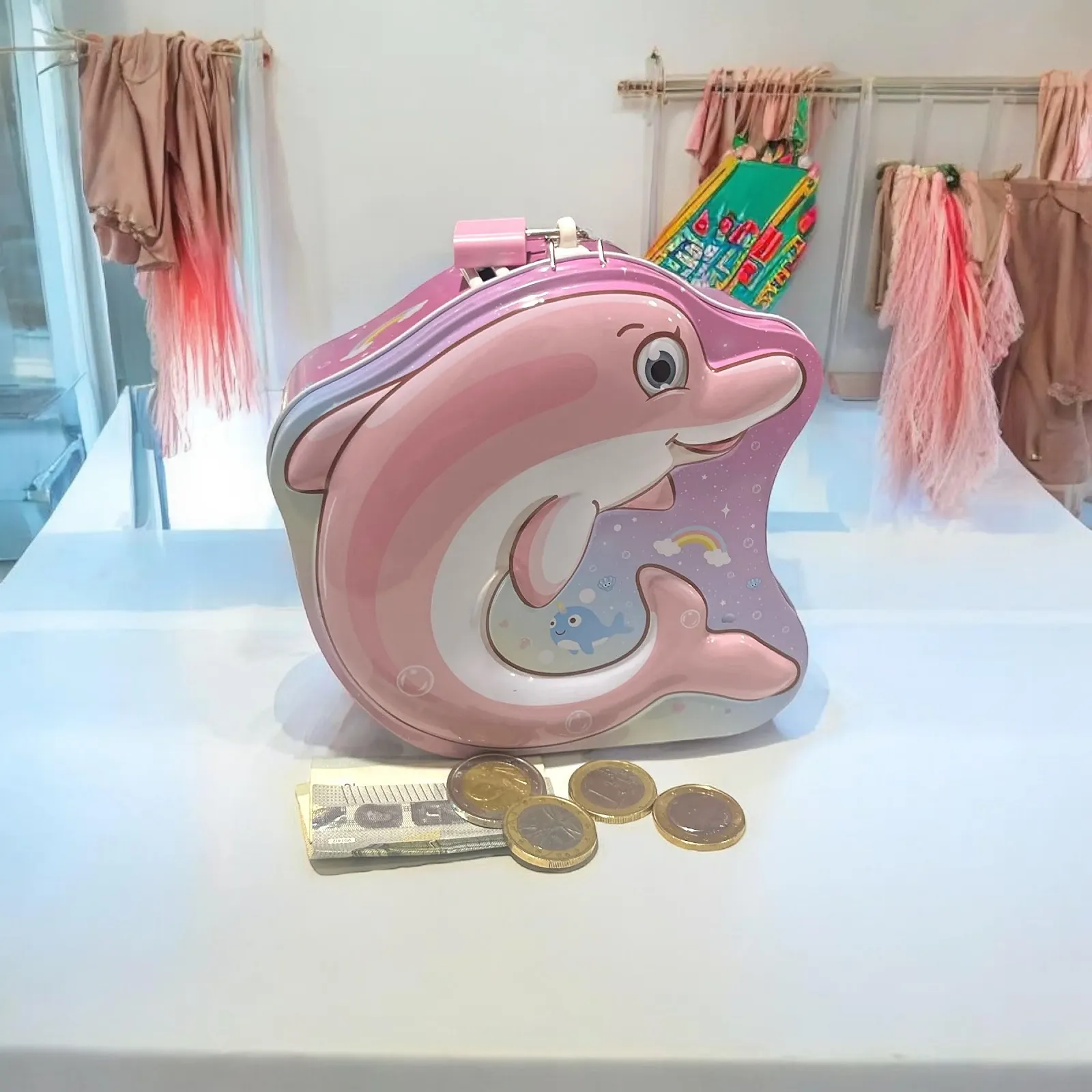 Скарбничка дитяча металева з замком та ключем Dolphin Blue, фото №5