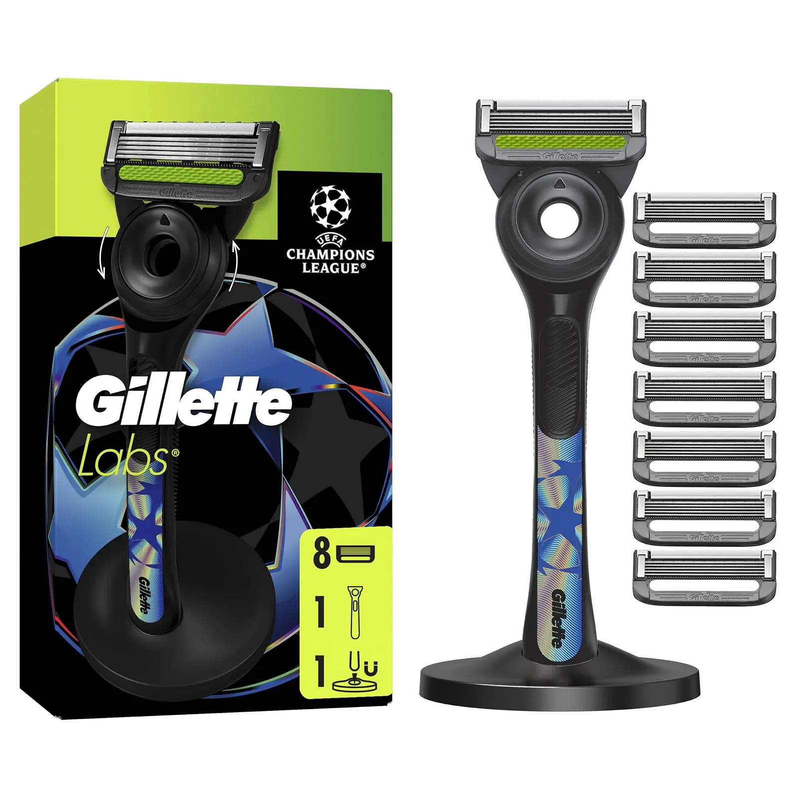 Бритва Gillette Labs UEFA Champions League Special Edition с очищающим элементом 1 ручка и 8 сменных лезвий с магнитной подставкой, фото №1