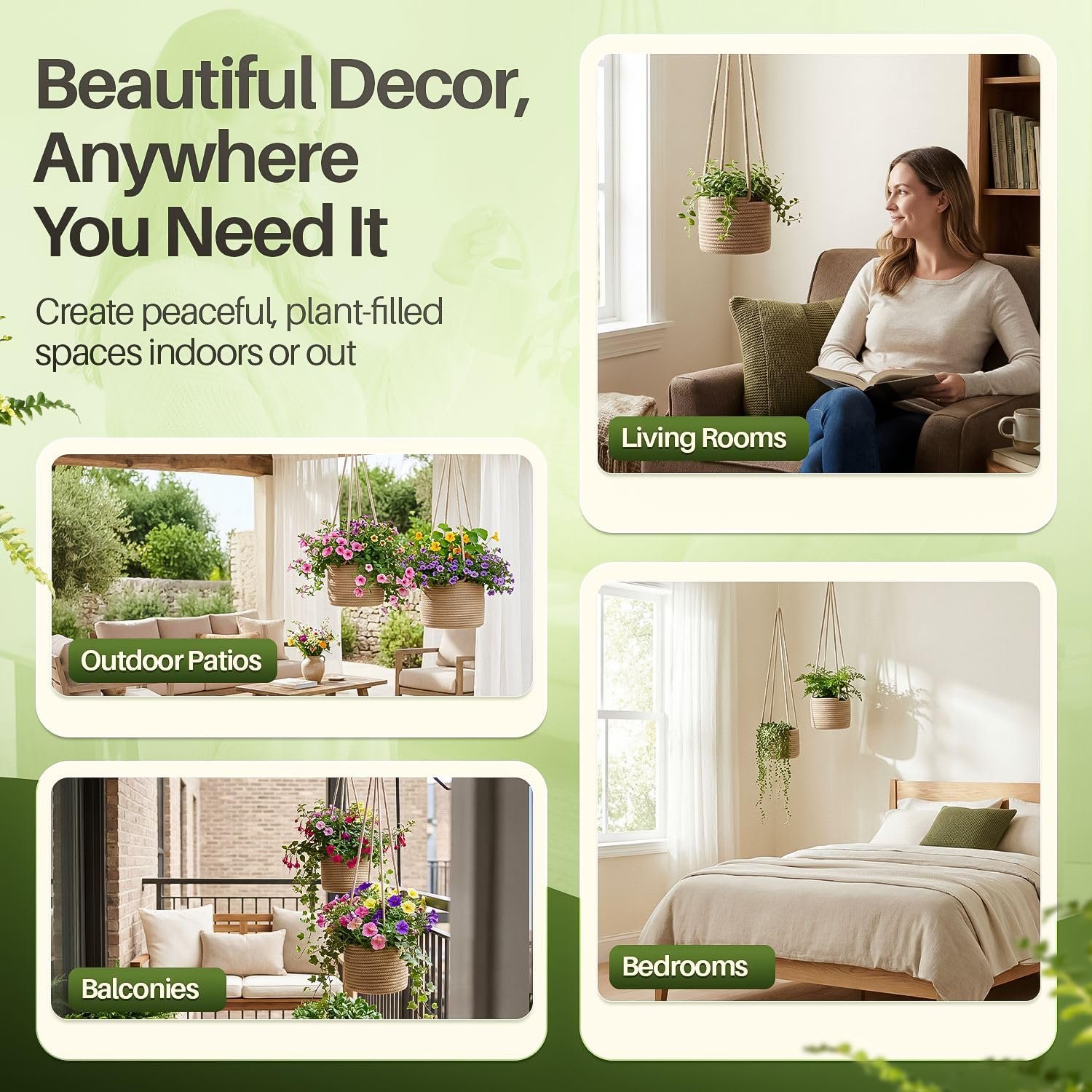 Підвісний кошик для рослин Flexzion Набір з 2 шт. Бавовняна мотузка Макраме 20 дюймів Білий, фото №8 Підвісний кошик для рослин Flexzion Набір з 2 шт. Бавовняна мотузка Макраме 20 дюймів Білий, фото №8