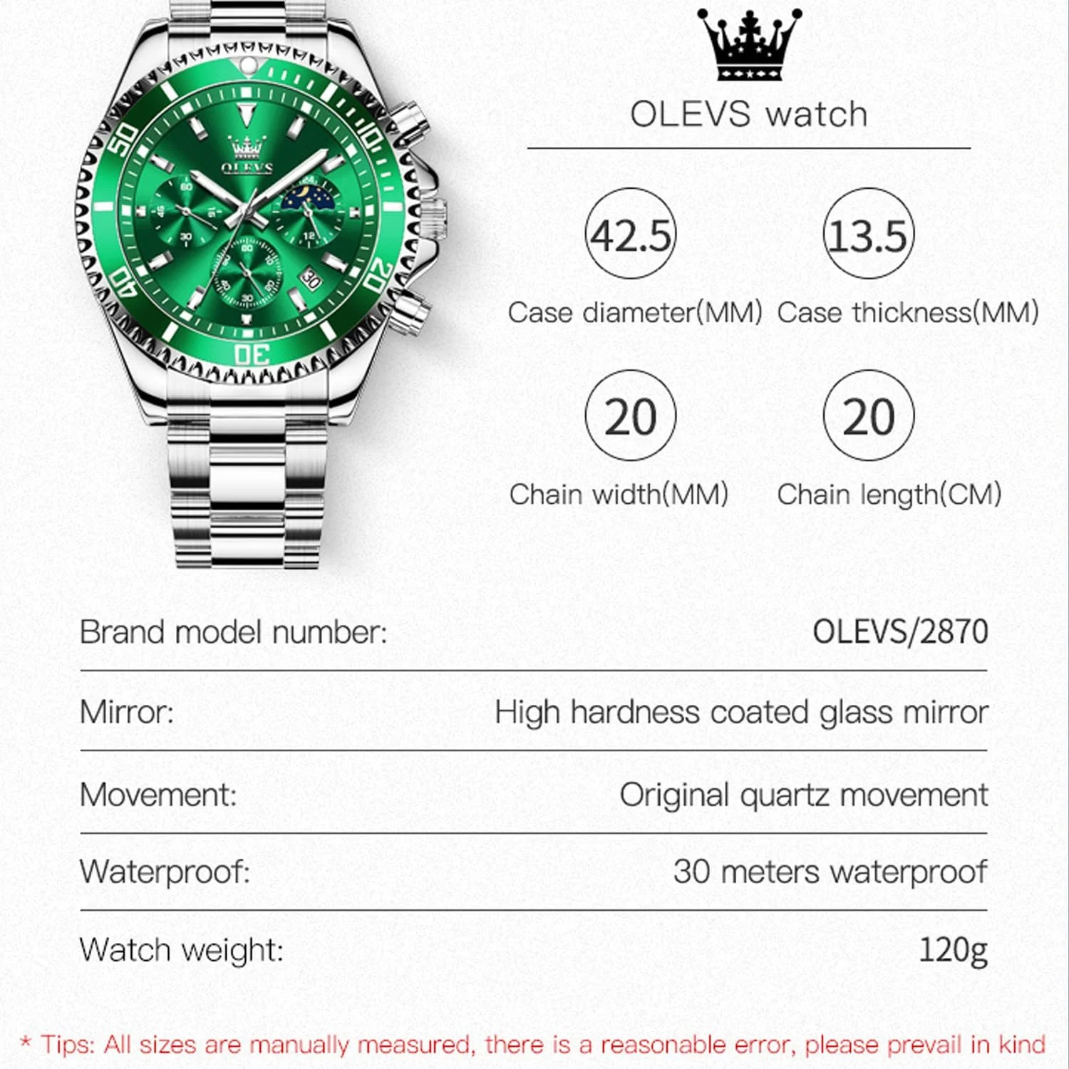 Мужские часы OLEVS Бриллиант Business Quartz 2870-green, Браслет, фото №6 Мужские часы OLEVS Бриллиант Business Quartz 2870-green, Браслет, фото №6