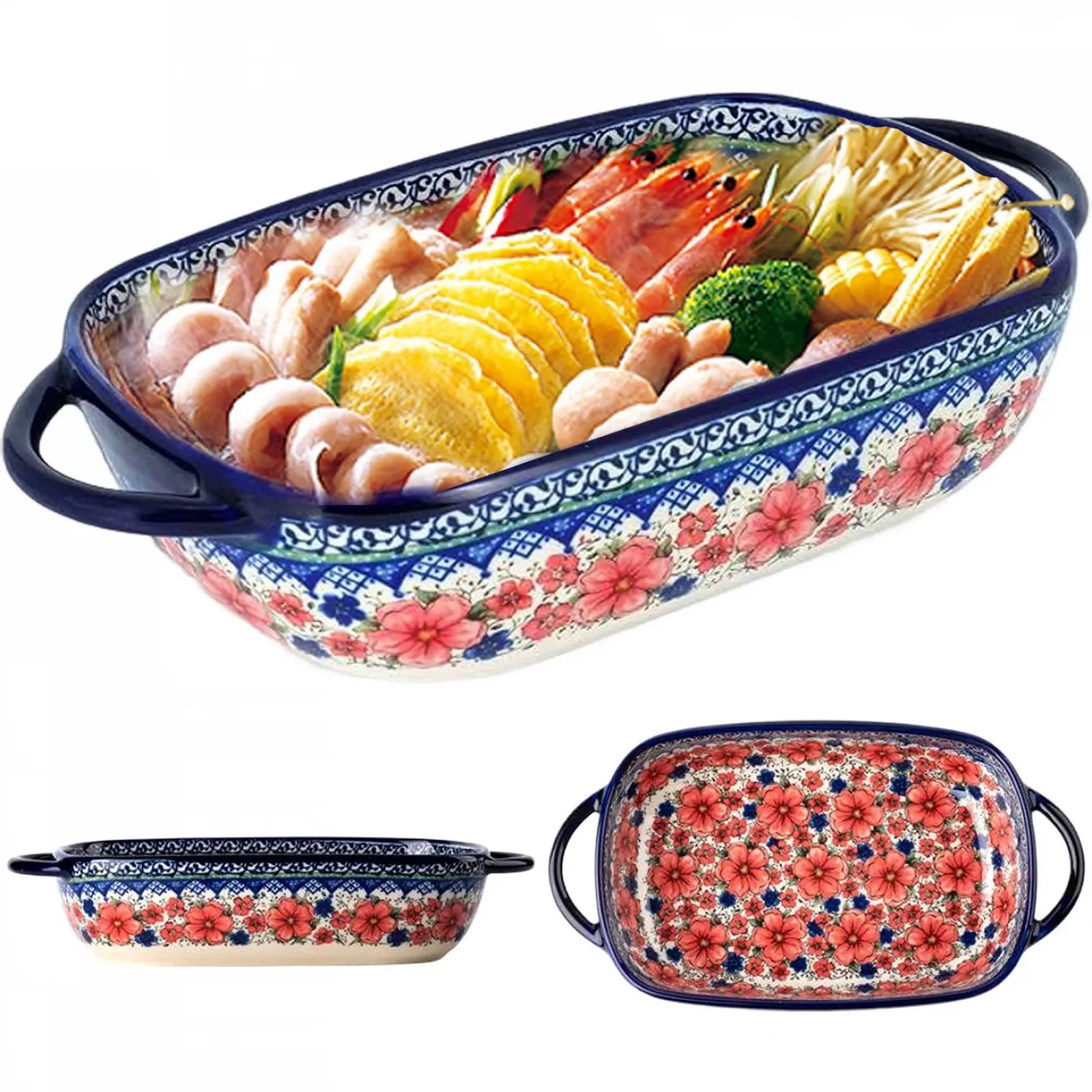 Форма для запікання керамічна 730 мл прямокутна з подвійними ручками та квітковим принтом, фото №1