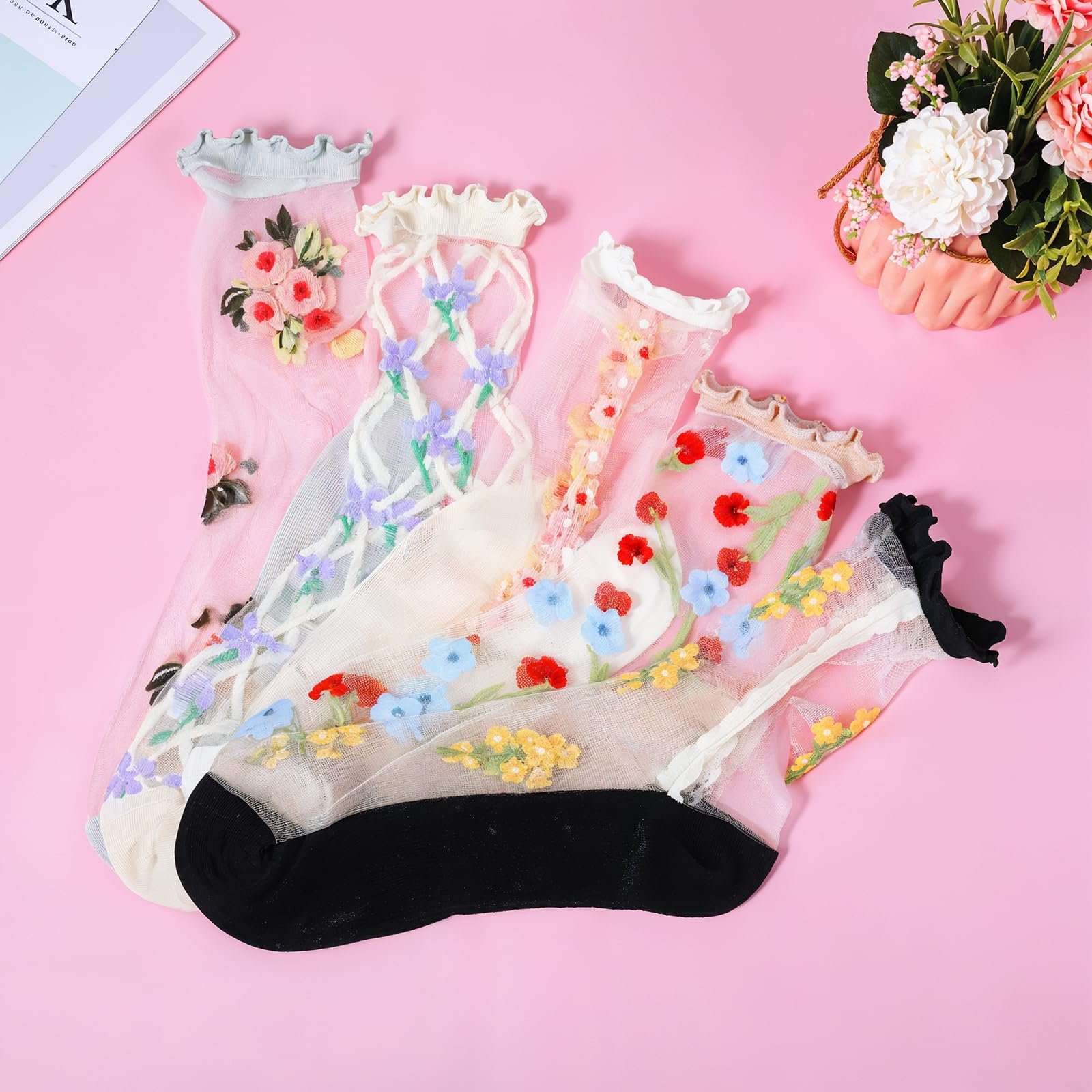 Прозрачные носки с рюшами, 5 пар, Женские сетчатые носки с цветами, Ультратонкие носки-следки, Винтажные прозрачные носки, Повседневные кружевные носки для женщин, разноцветные, Универсальный размер, фото №7