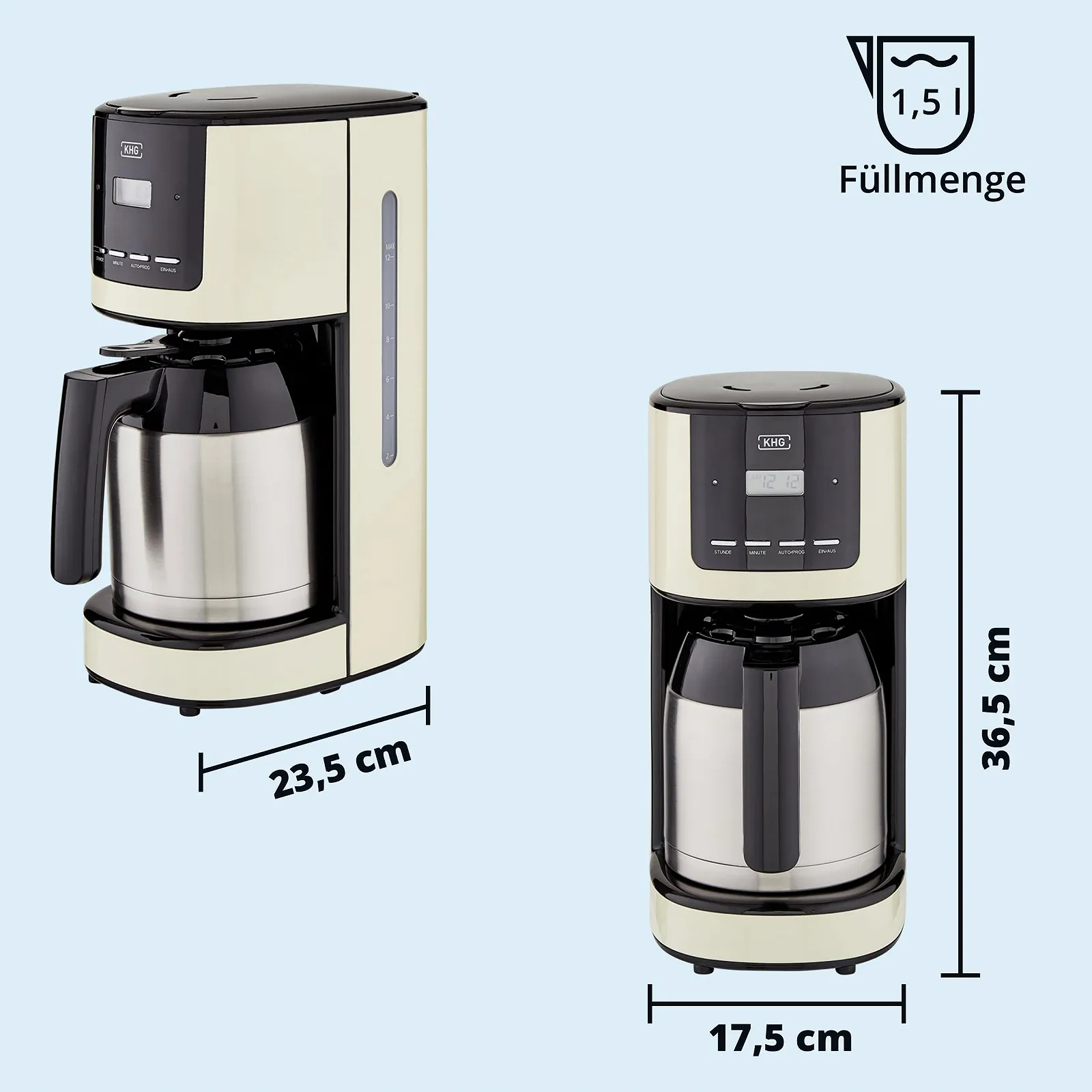 Капельная кофеварка KHG TKA-182 (CE) на 12 чашек с термокувшином из нержавеющей стали 1.5 л многоразовый фильтр автоматическое выключение LCD-дисплей Cream/Black/Silver, фото №3