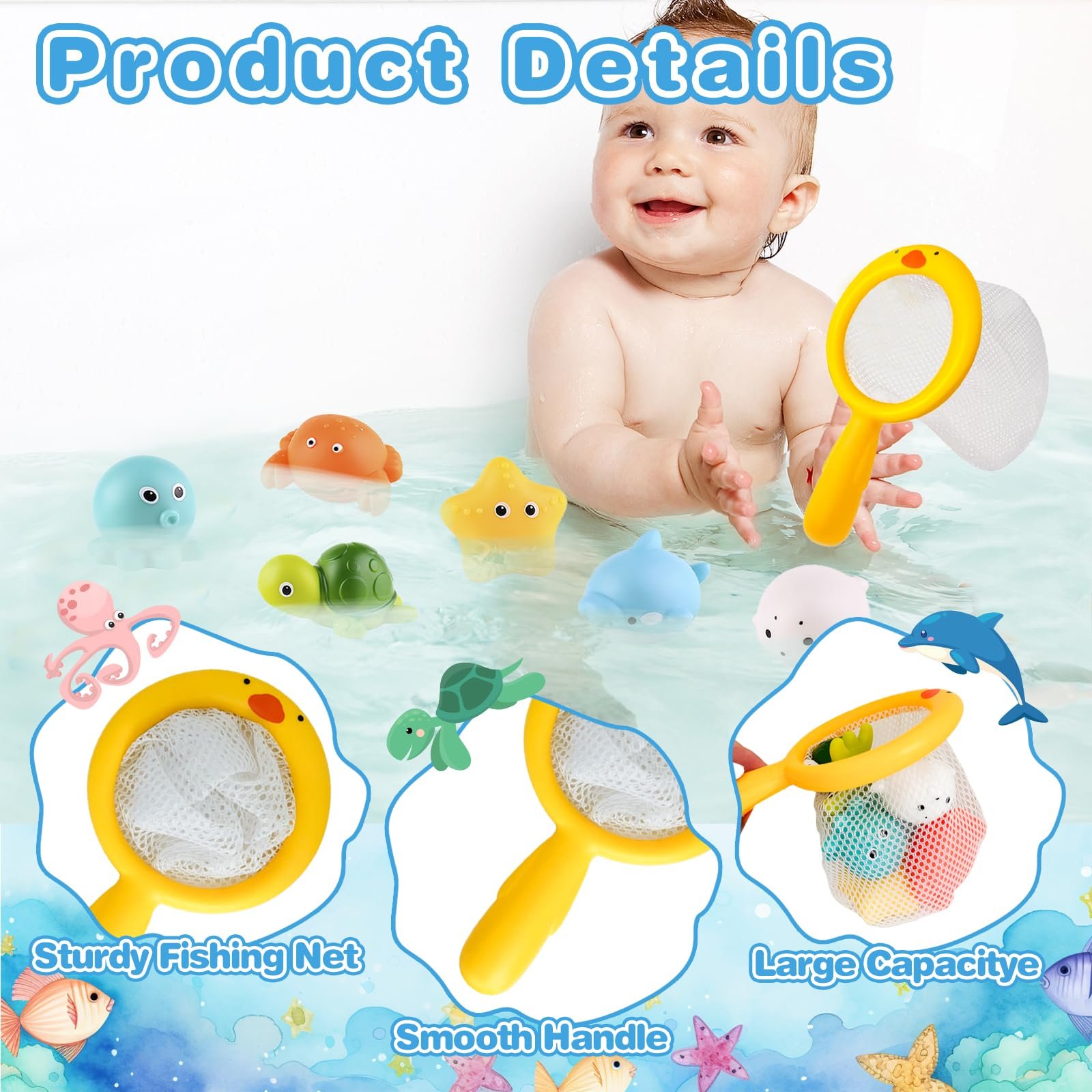 Іграшка для ванни KATIMI Набір 7 шт (черепаха, риба, бегемот, зірка, дельфін, сачок), фото №3