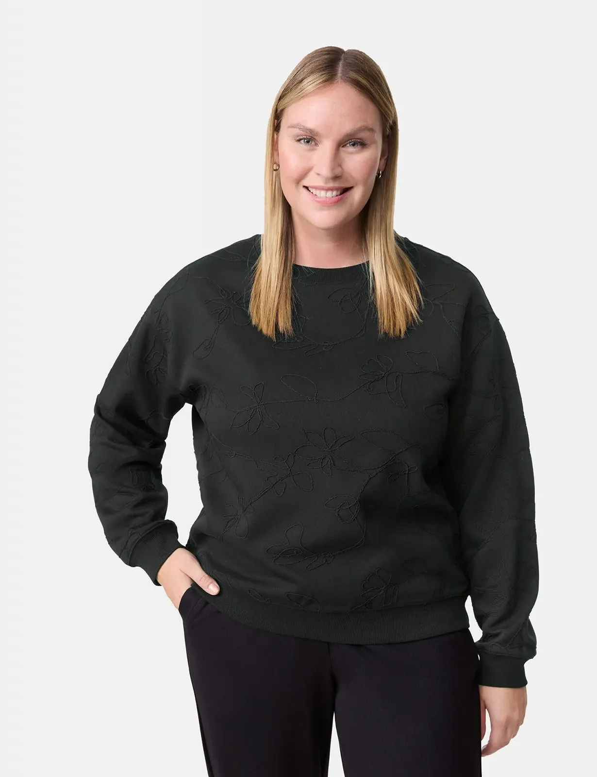 Жіночий світшот Samoon з куліскою, аплікацією, довгими рукавами, однотонними манжетами, фото №3