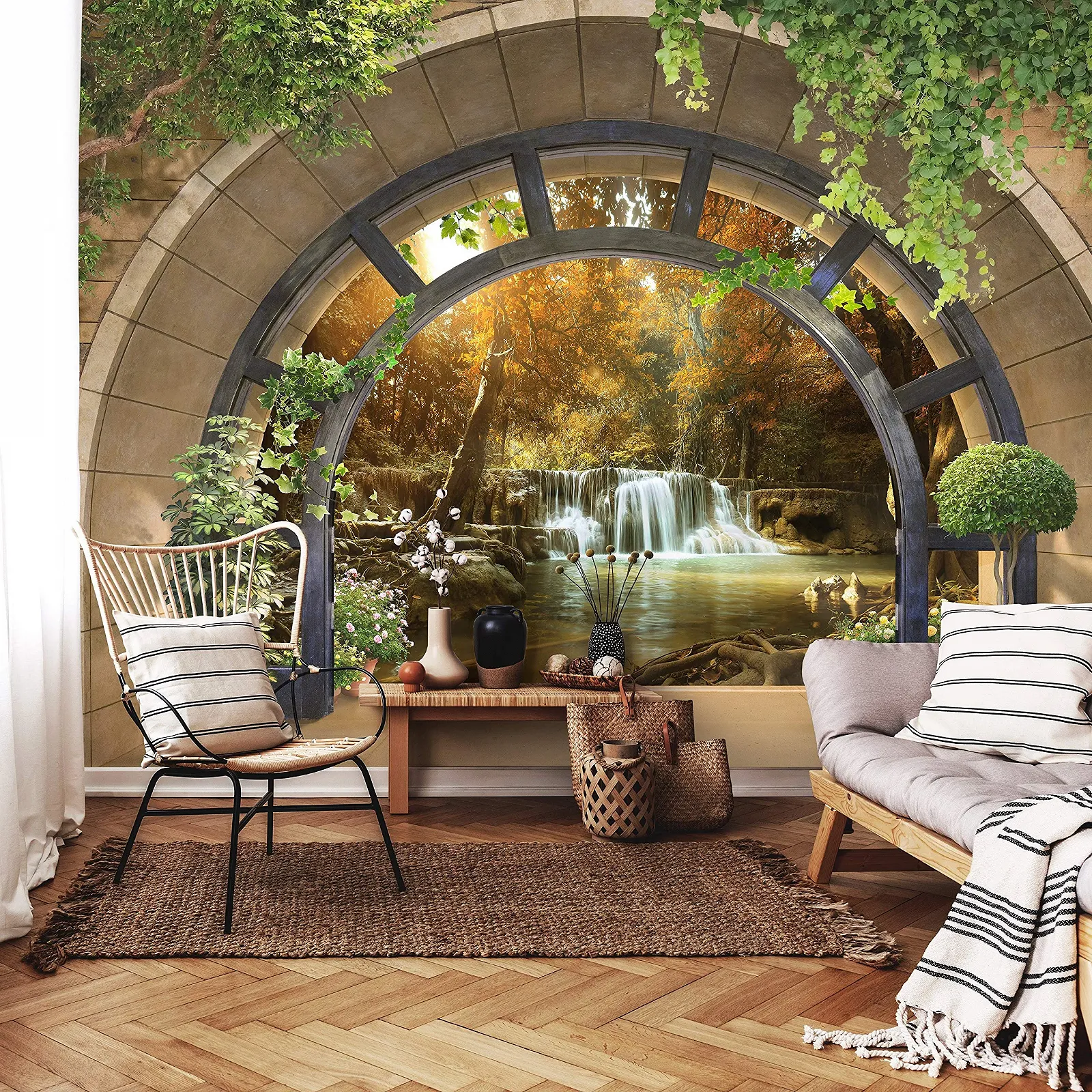 Фотошпалери VEXL 11553 3D Вікно Водоспад Ліс Природа Флізелінові УФ-стійкі 208 x 146 см 2 панелі, фото №6