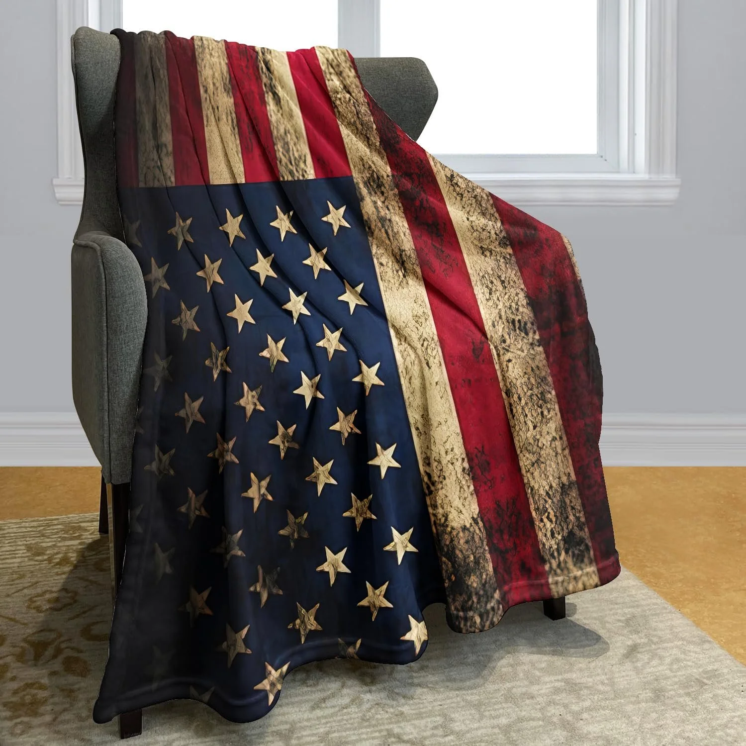 Одеяло YISUMEI Фланель Мягкое флисовое одеяло для кровати 150 x 200 см Винтажный американский флаг Гранж, фото №2