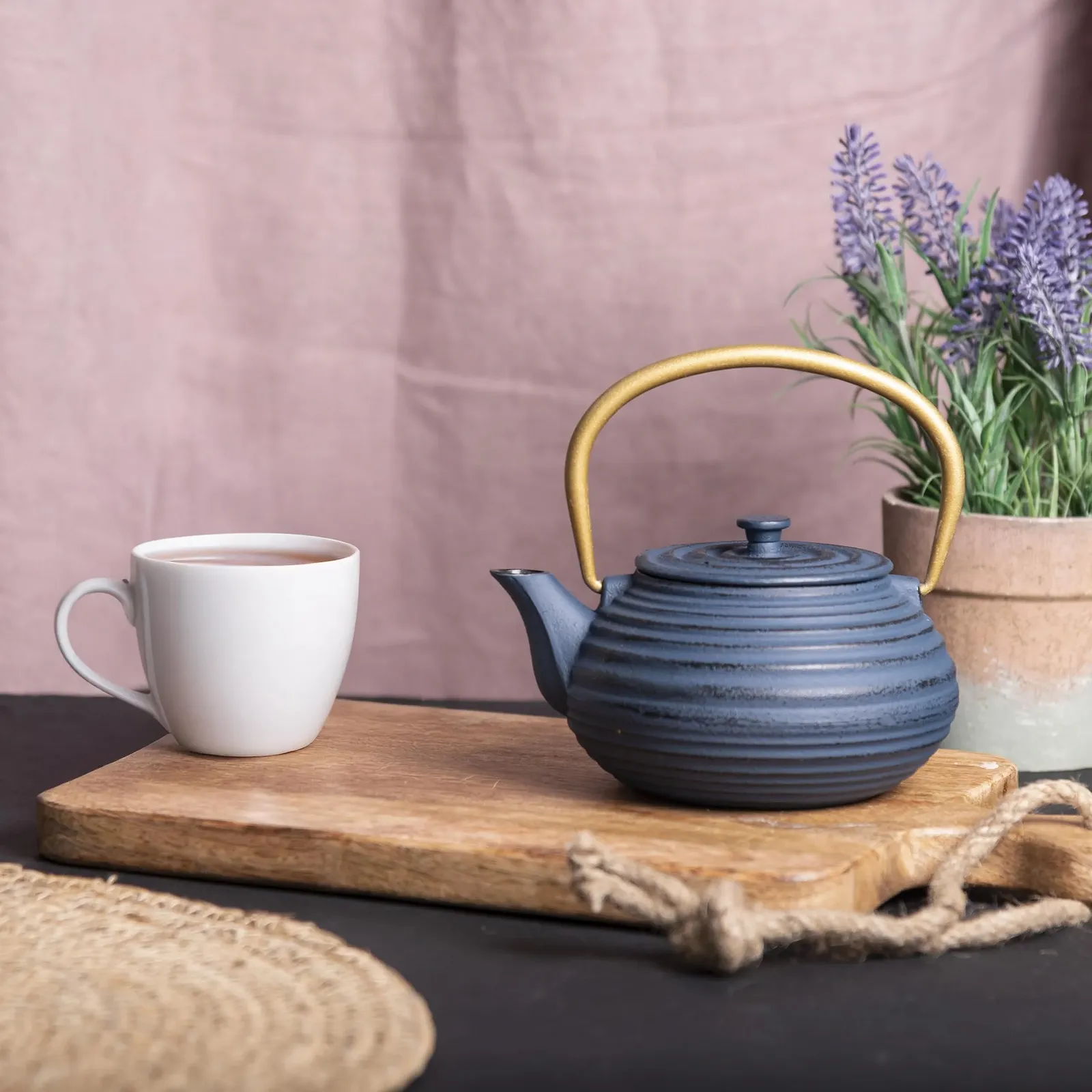 Чайник-заварник Чавунний Зі Складною Ручкою Фільтр з нержавіючої сталі 600 мл Синій, фото №3