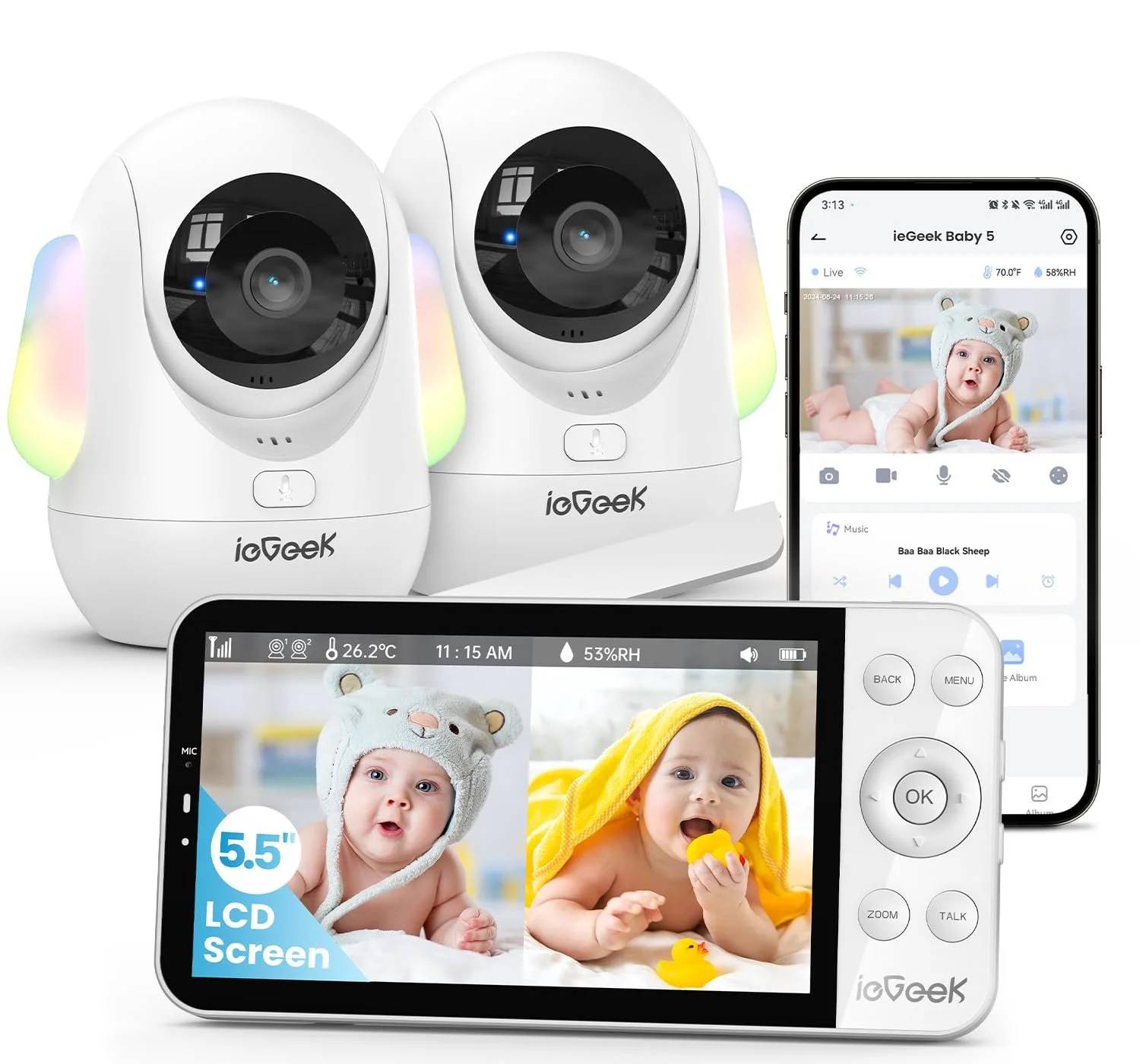 Відеоняня ieGeek 2.5 K/4MP 5.5 дюйма WiFi PTZ 360°/100° AI Detection, фото №1