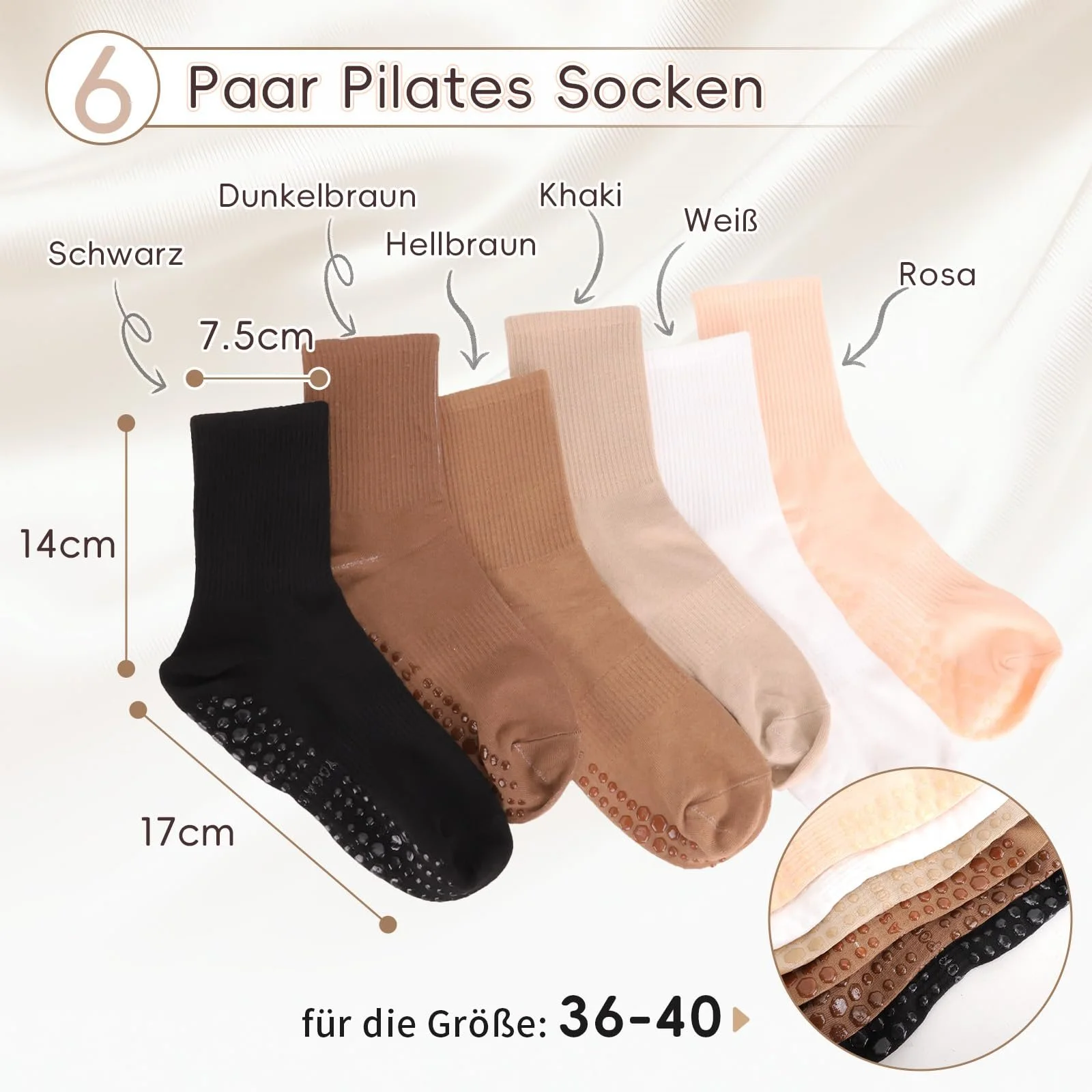 Носки Pilates Kaempe 6 пар, носки-стопперы женские размера 36-40, носки для йоги с нескользящей подошвой, размера 36-40, носки с захватом, нескользящие носки для йоги, фитнеса, балета, фото №2