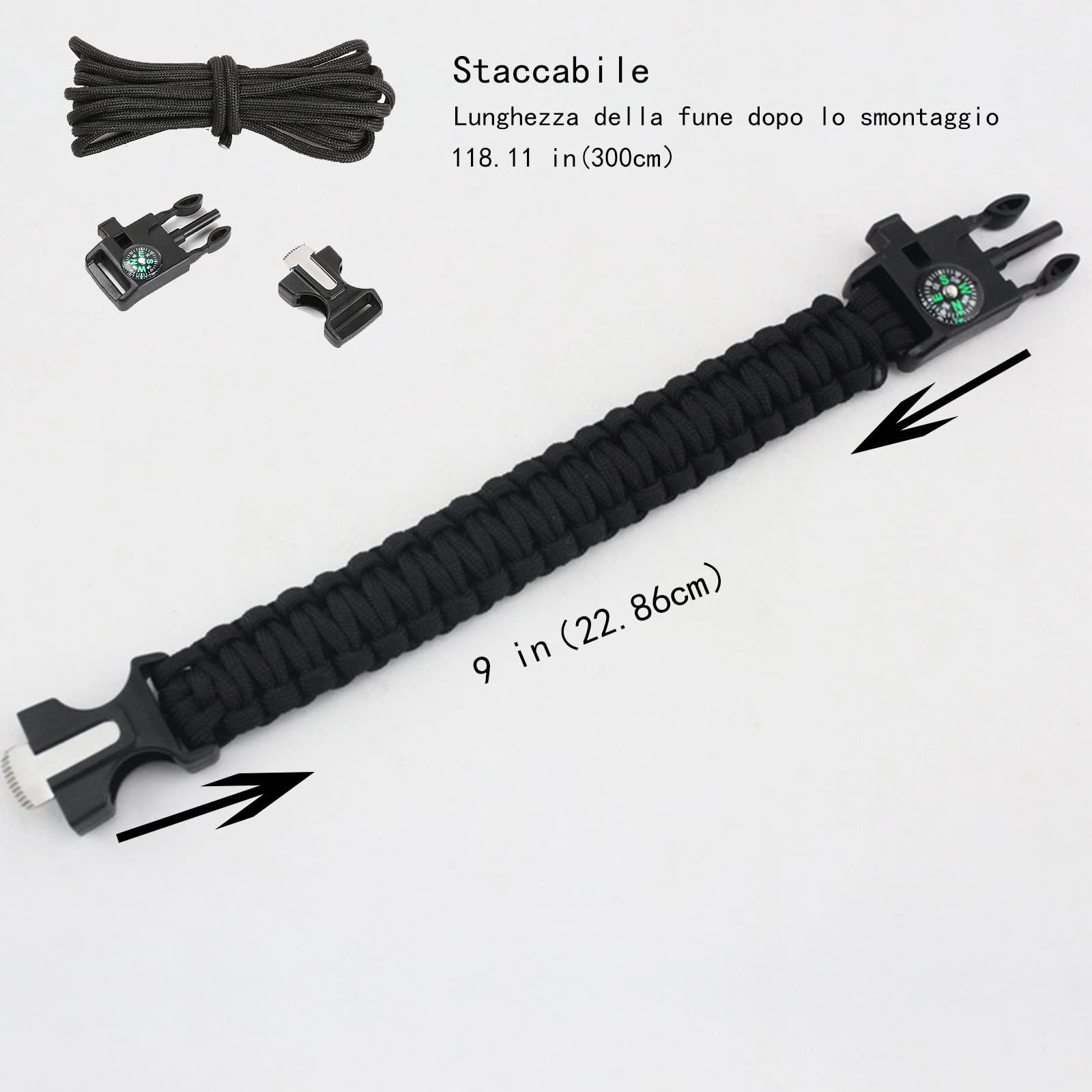 Браслет Paracord ABD, набір з 2 браслетів для виживання, із запальничкою, компасом, лезом, свистком, пряжкою, для активного відпочинку, такого як піші прогулянки, кемпінг, альпінізм, екстрений виклик тощо., фото №2