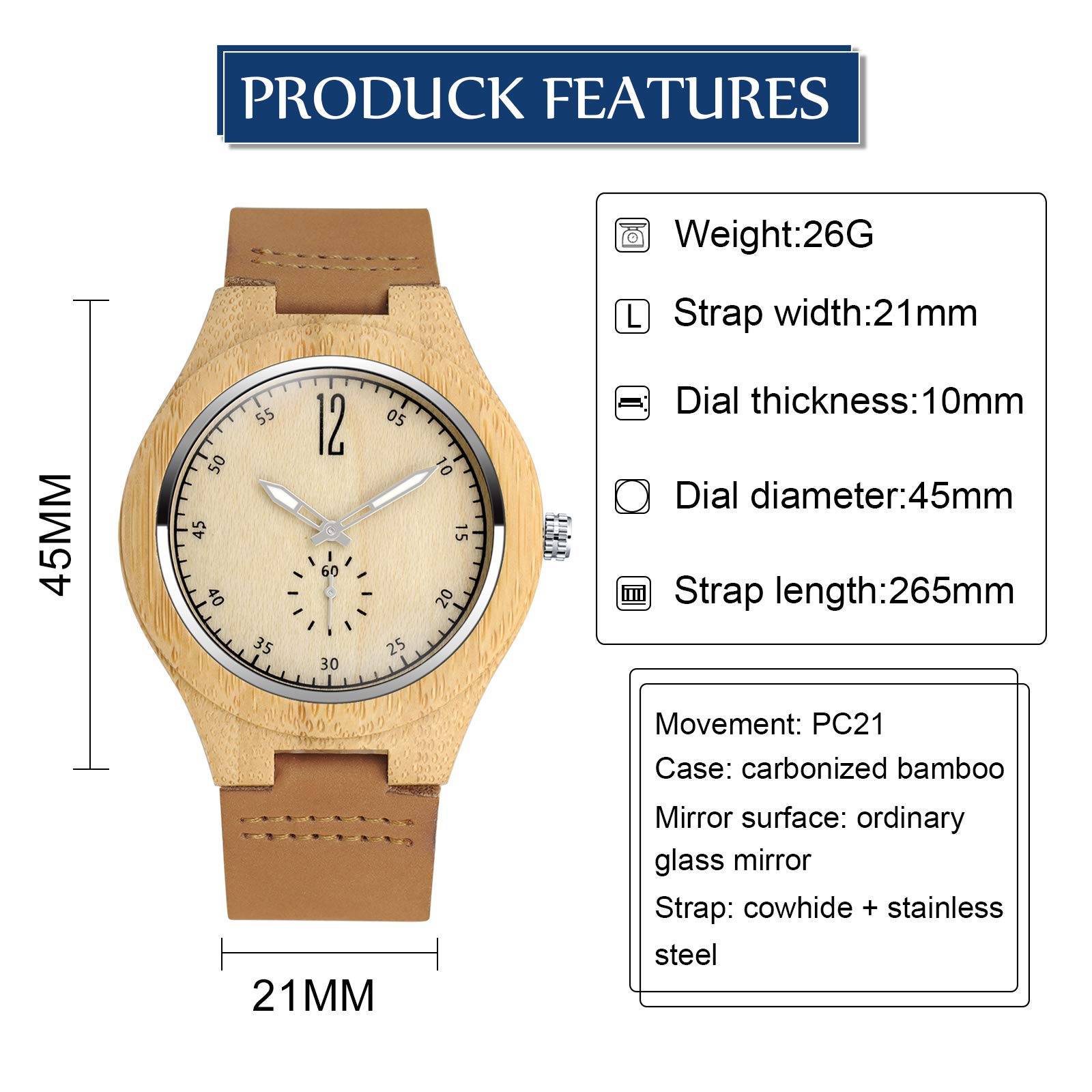 Часы MicLee Unisex Bamboo Simple Мужской женский Кварцевый Аналоговый с кожаным ремешком, фото №2