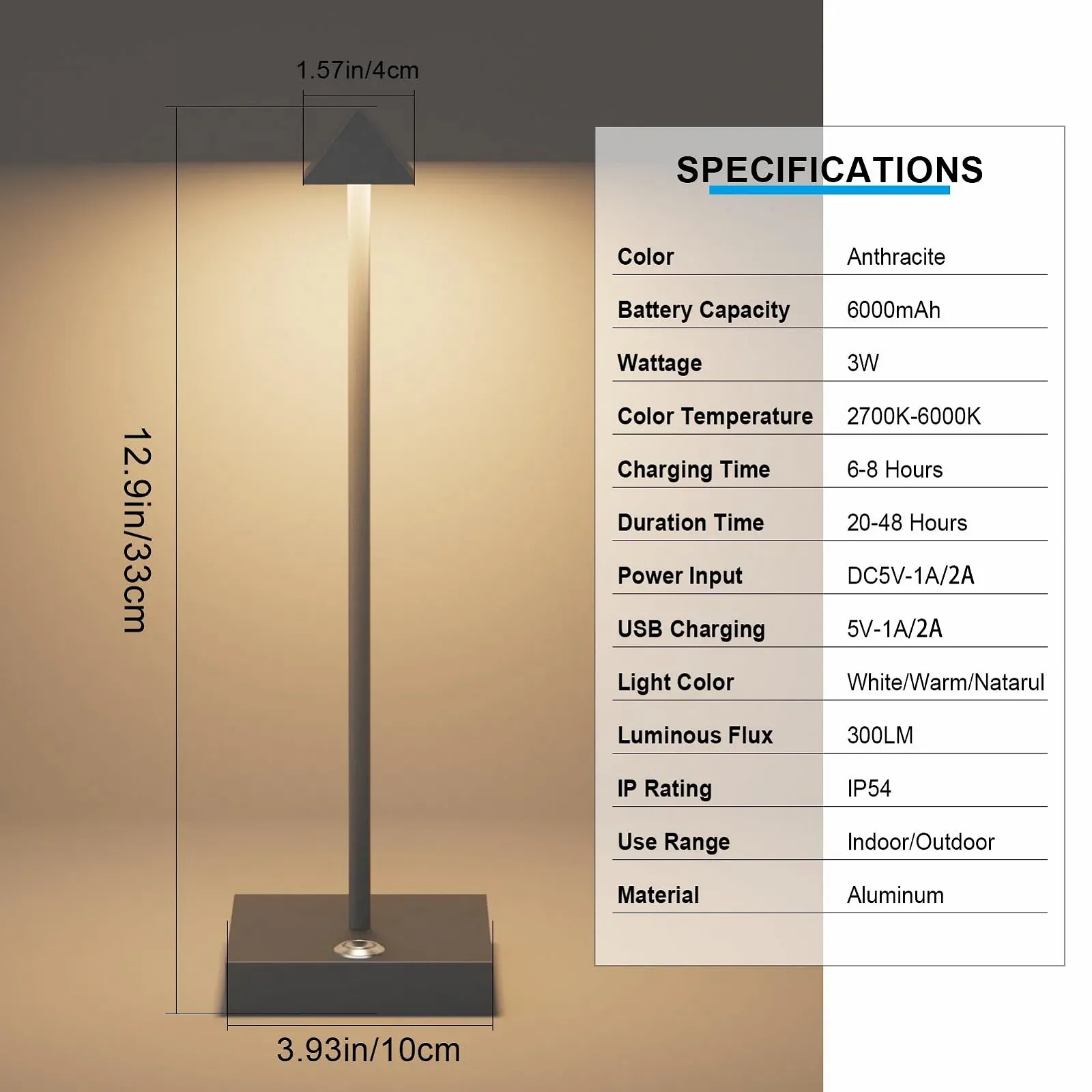 Настільна лампа Aipsun 2 шт. LED Dimmable Battery USB-C IP54 Anthracite, фото №6
