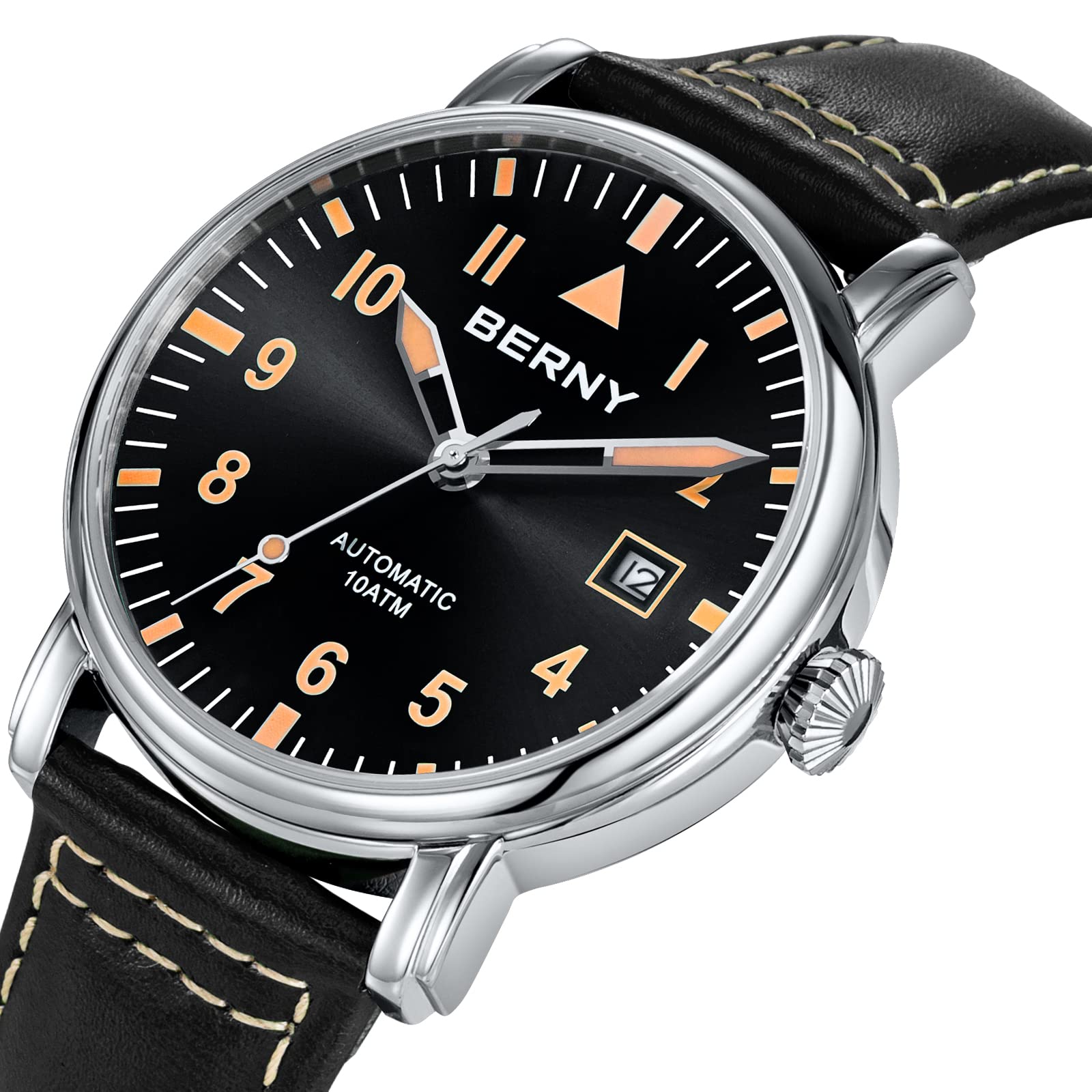 Часы BERNY Механический Автоматический Мужской Самозавод Кожаный Ремешок Классический Авиатор Водонепроницаемый 10АТМ Сапфировое Стекло Устойчивый к Царапинам Супер Люминесцентный, фото №2
