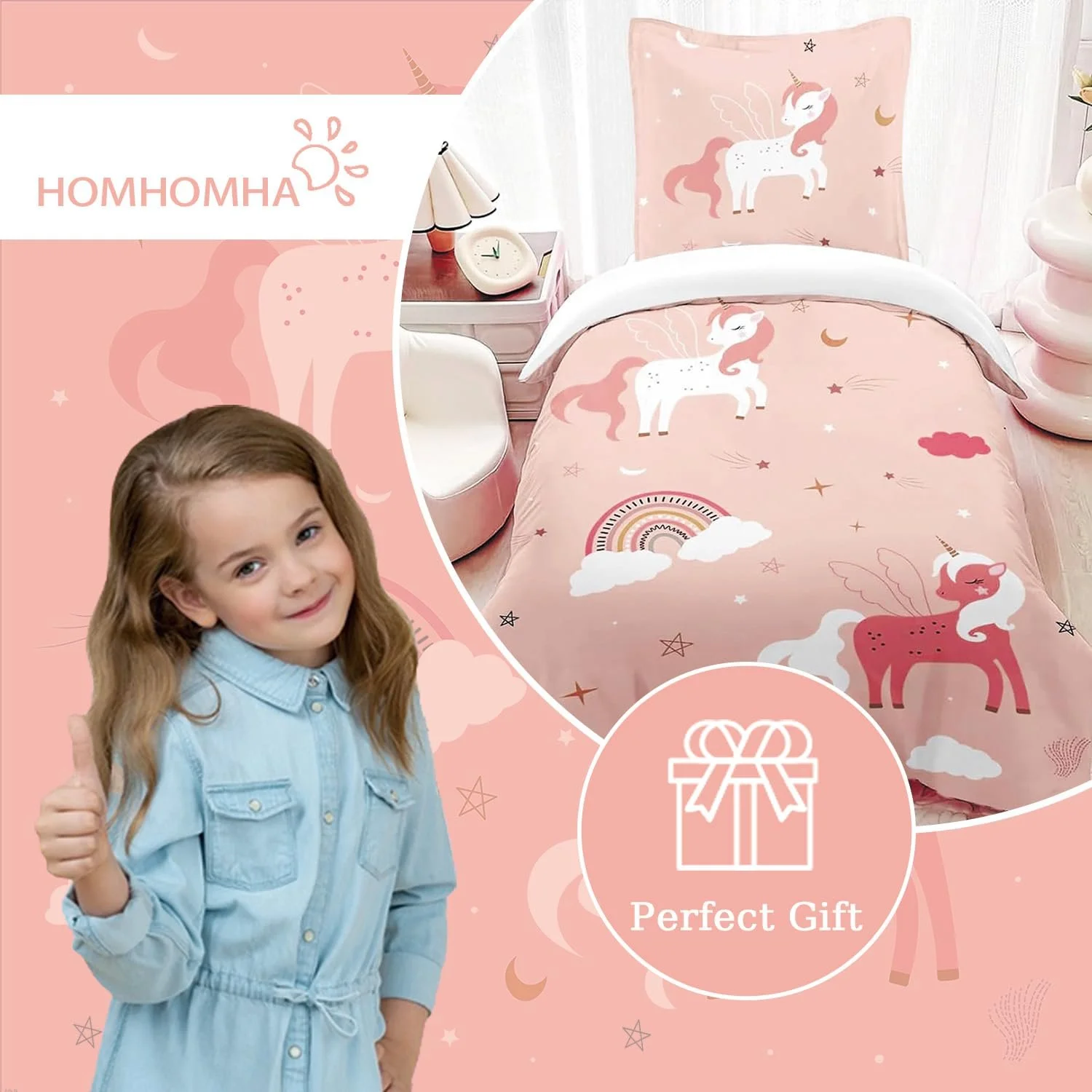 Постільна білизна HOM Єдиноріг 135 x 200 см для дівчаток - Рожева Райдужна постільна білизна для дітей - з наволочкою 80 x 80 см, 2 предмети, фото №6