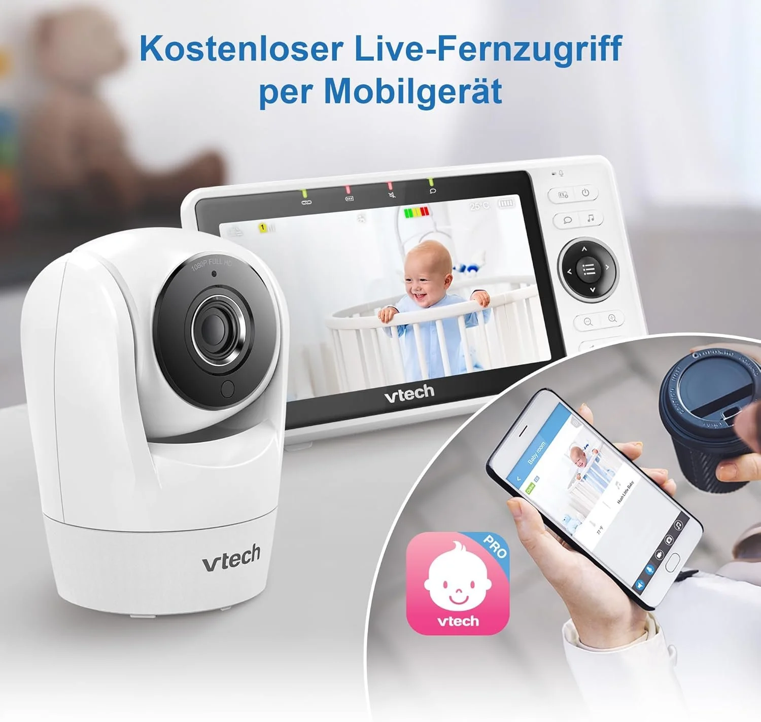 Умная детская радионяня Vtech VM901-1W / 5'' / ЖК-дисплей 1080p / 120° / ночное видение / дистанционное управление / двусторонняя связь работает с iOS и Android / WiFi / Белый, фото №3