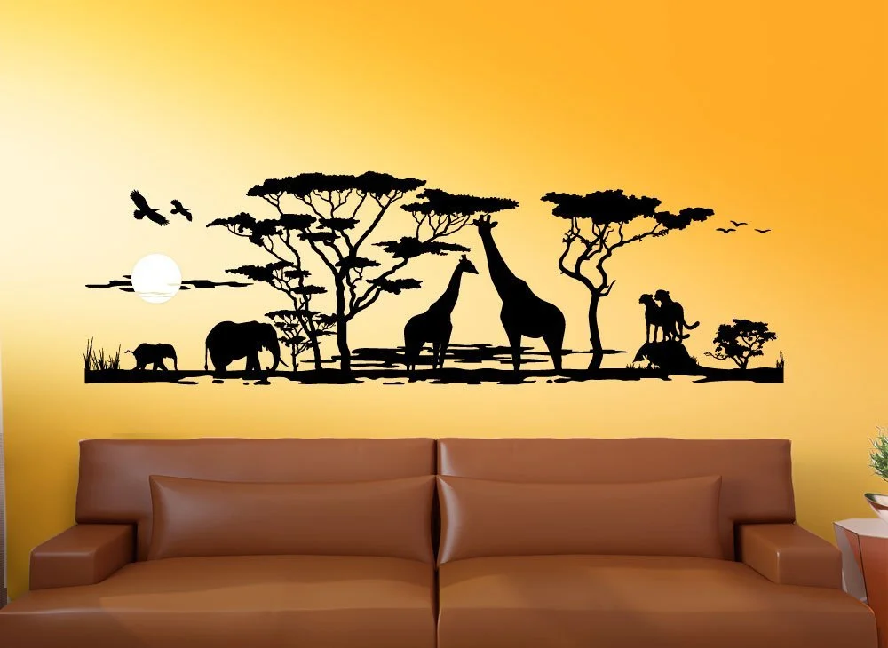 Наклейка на стіну Wandora G012 Africa Savannah Giraffe Elephant 150 x 46 см мідна, фото №1