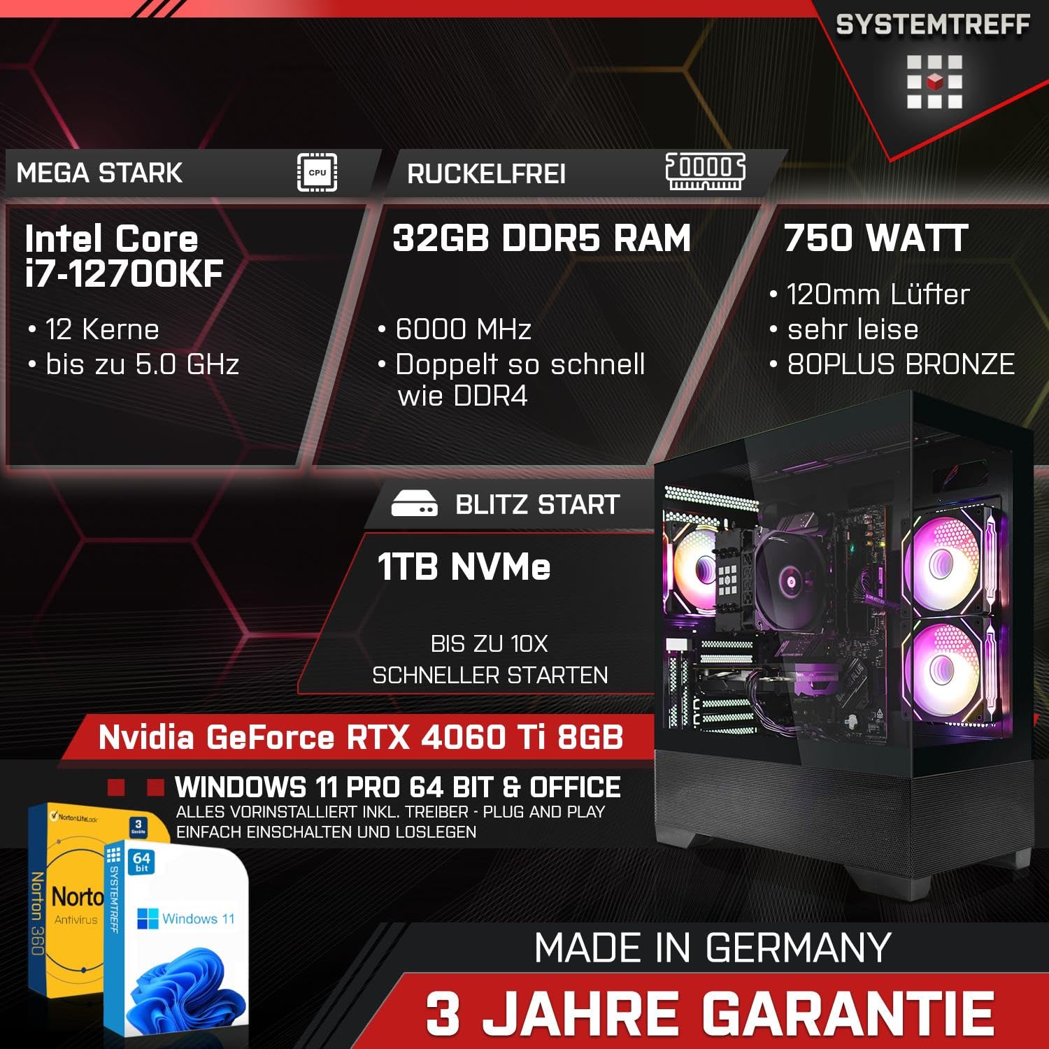 Комплект ПК SYSTEMTREFF Gaming Intel Core i7-12700KF 12x5GHz Nvidia GeForce RTX 4060 Ti 8GB DX12 1TB M.2 NVMe 32GB DDR5 RAM WLAN для геймерів, фото №2