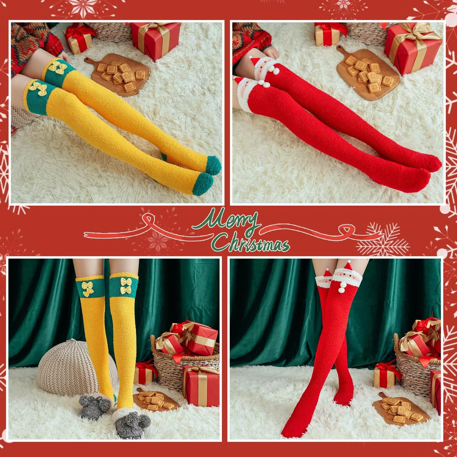 2 пары рождественских чулок выше колена Santa Warmer Winter Knee Socks Women Christmas Knee Socks Christmas Ladies Coral Fleece Long Knee Socks for Women Girls Xmas Winter Gifts, красный / желтый, фото №4