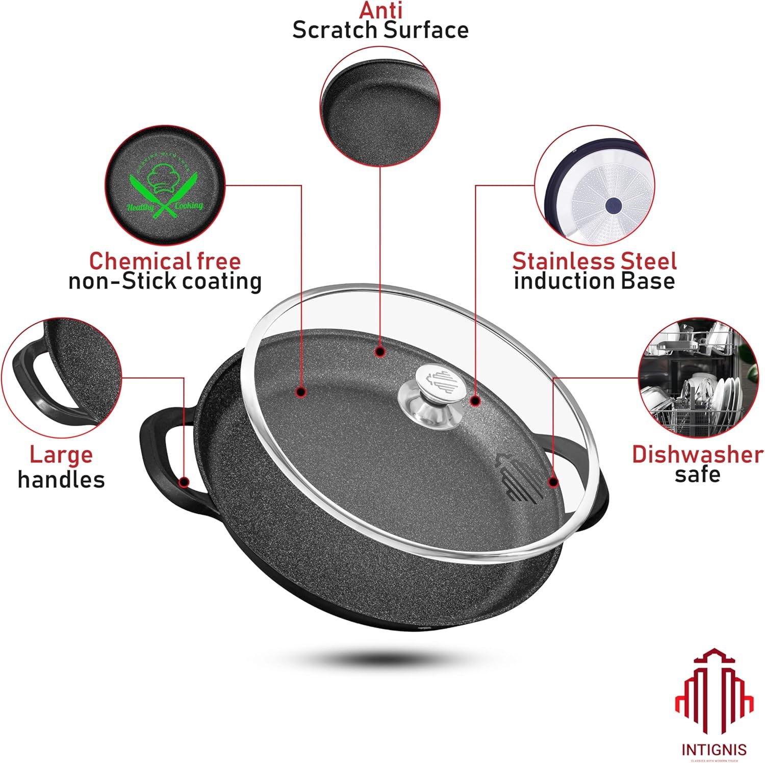 Пательня для паельї INTIGNIS Non Stick Heavy Duty Induction 36 см з кришкою, фото №7