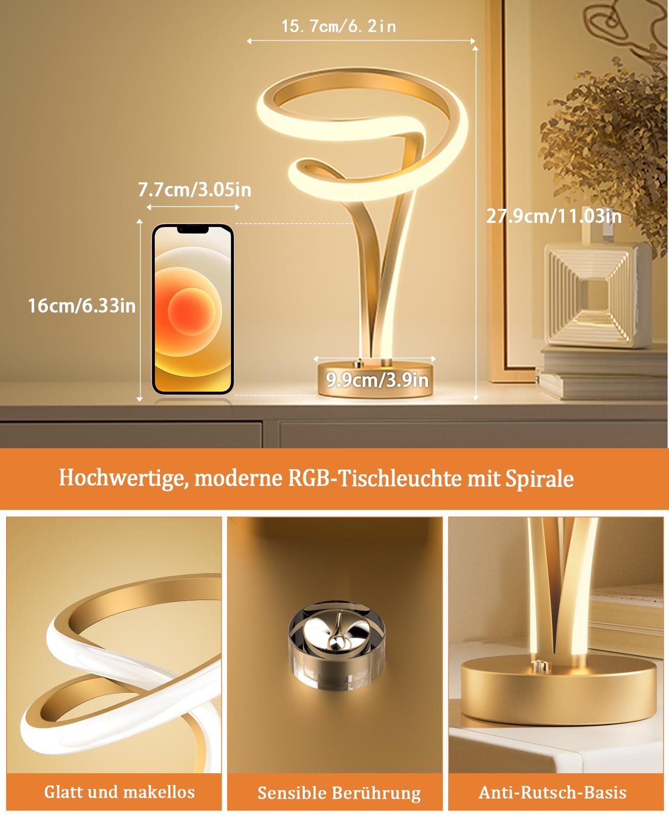 Настольная лампа LED Airnasa Bedside Gold RGB 10 Вт Touch Dimmable 10 режимов Spiral Gold, фото №4