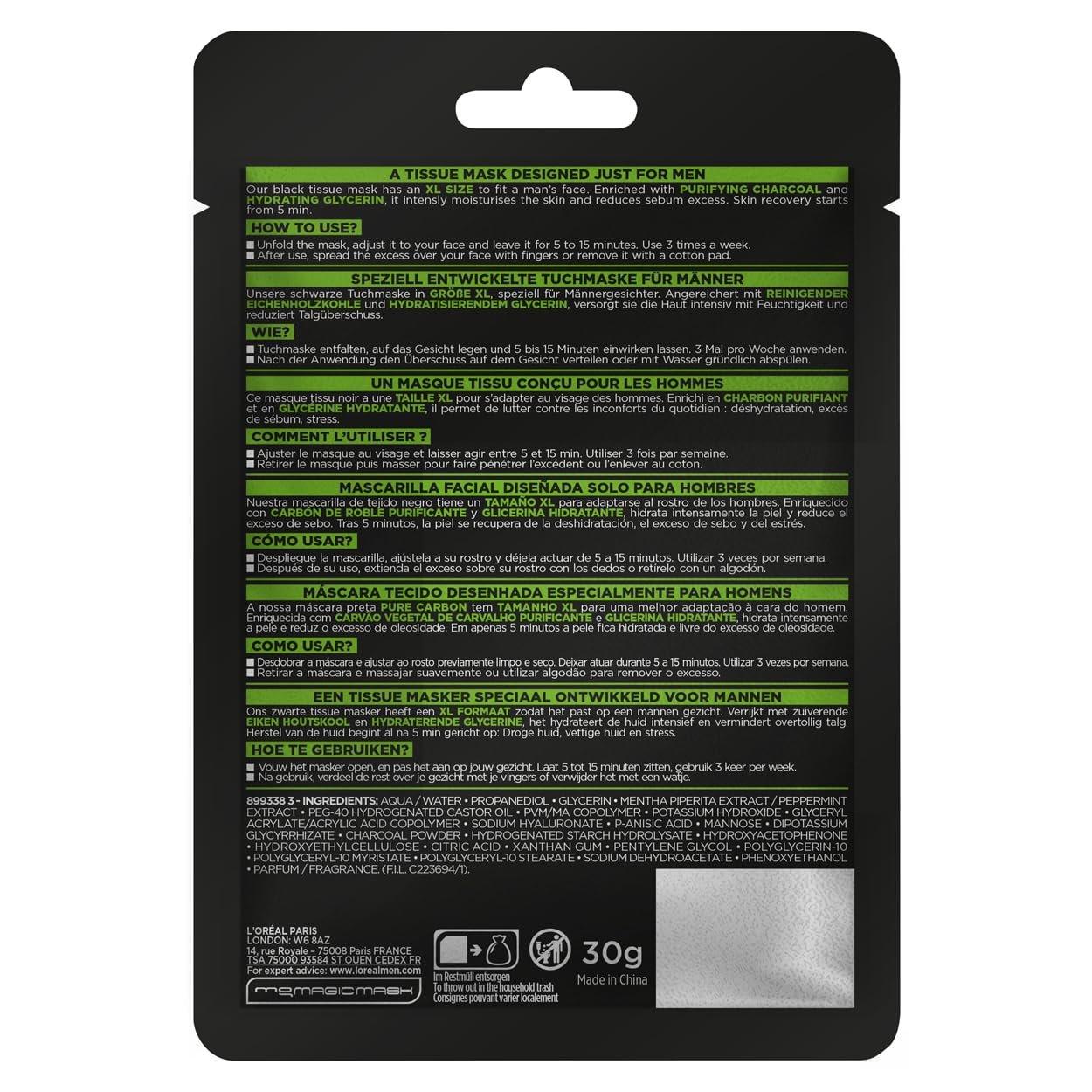 Тканевая маска L'Oréal Men Expert Hydra Energy Pure Carbon, набор 4 x 30 г, фото №6