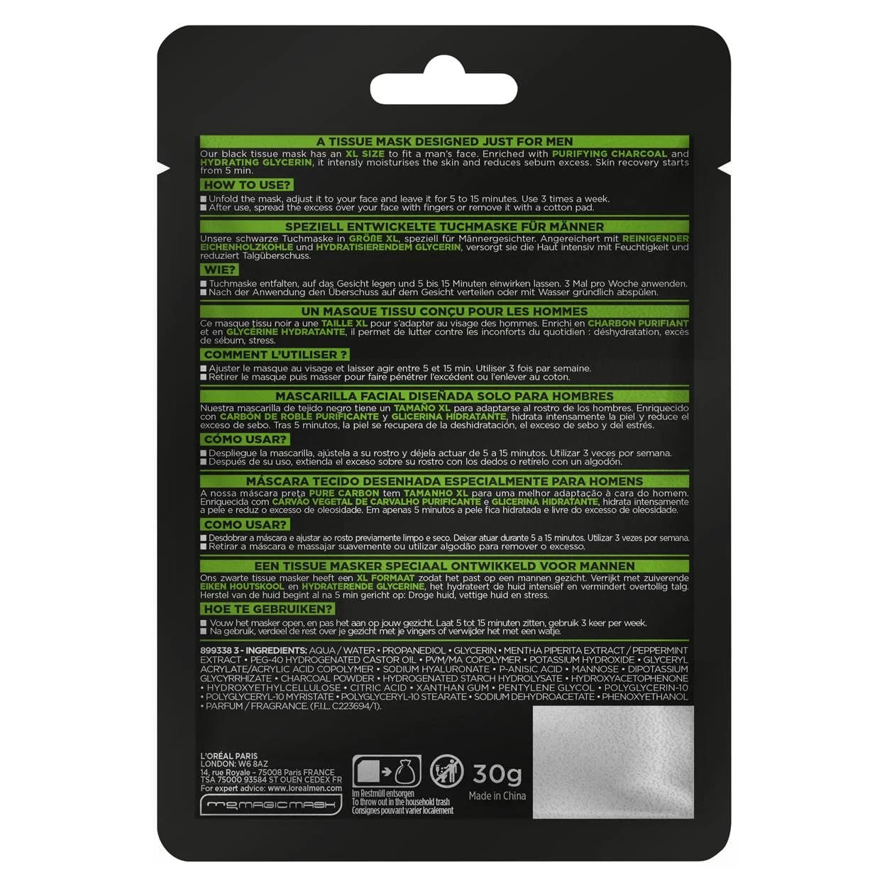 Тканинна маска L'Oréal Men Expert Hydra Energy Pure Carbon, набір 4 x 30 г, фото №6