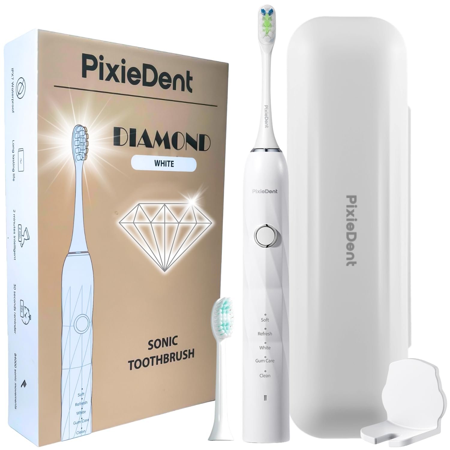 Електрична зубна щітка PixieDent Diamond 2 змінні насадки 5 режимів 84 000 звукових коливань Таймер Дорожній футляр, фото №1