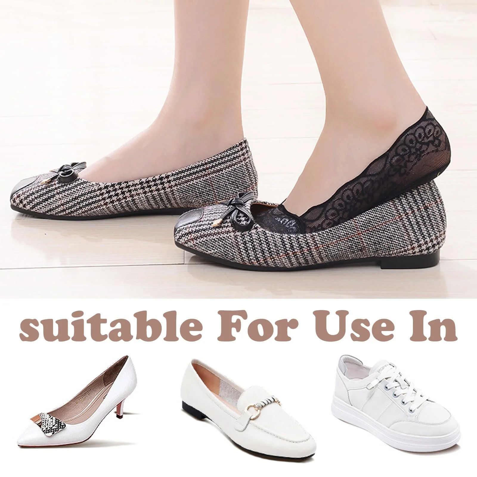 Носки-следки кружевные 5 пар, Кружевные невидимые носки-балетки, дышащие женские носки, невидимые, нескользящие кружевные носки, женские кружевные носки для лоферов, высоких каблуков, Черный, белый, фото №6