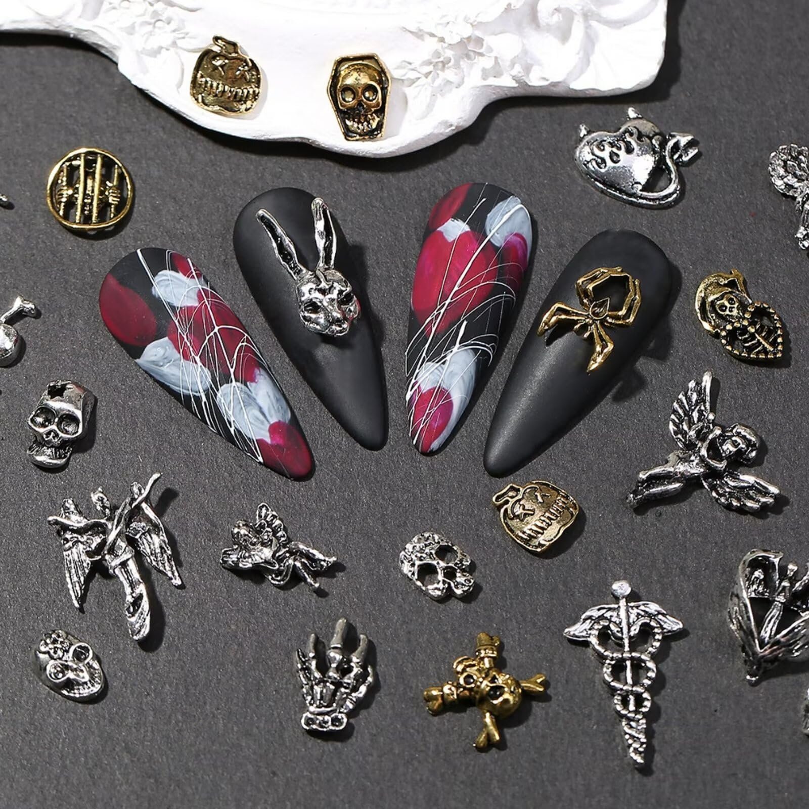 3D Хэллоуин Подвески для ногтей RUNRAYAY Металл Хром Готический Ретро Панк Череп, 48 шт, фото №4