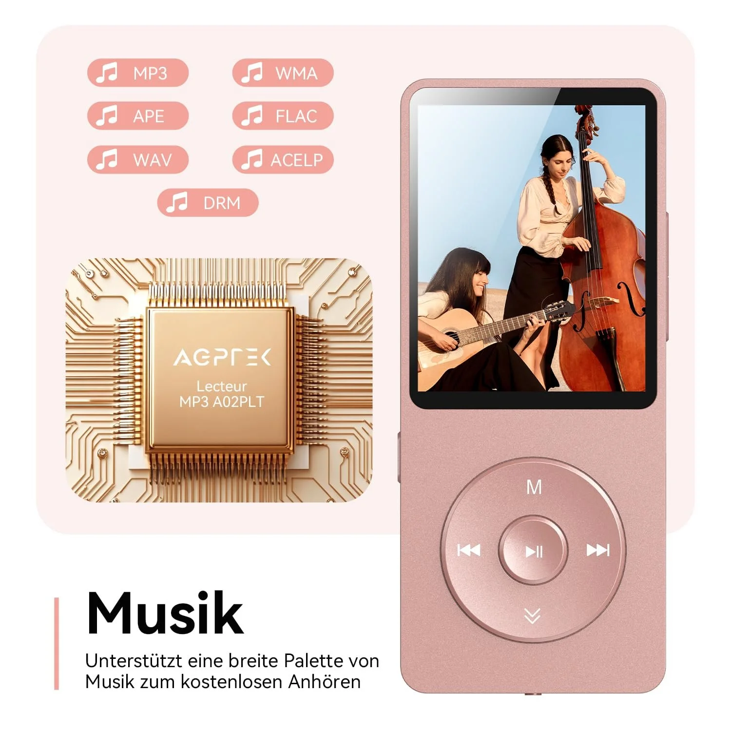 MP3-плеєр AGPTEK 64 ГБ Bluetooth 5.3 з динаміком, 40 годин автономної роботи, маленький і класичний спортивний MP3 з екраном 1,8 дюйма, FM-радіо (без навушників), TF-карта до 128 ГБ, рожевий, фото №8