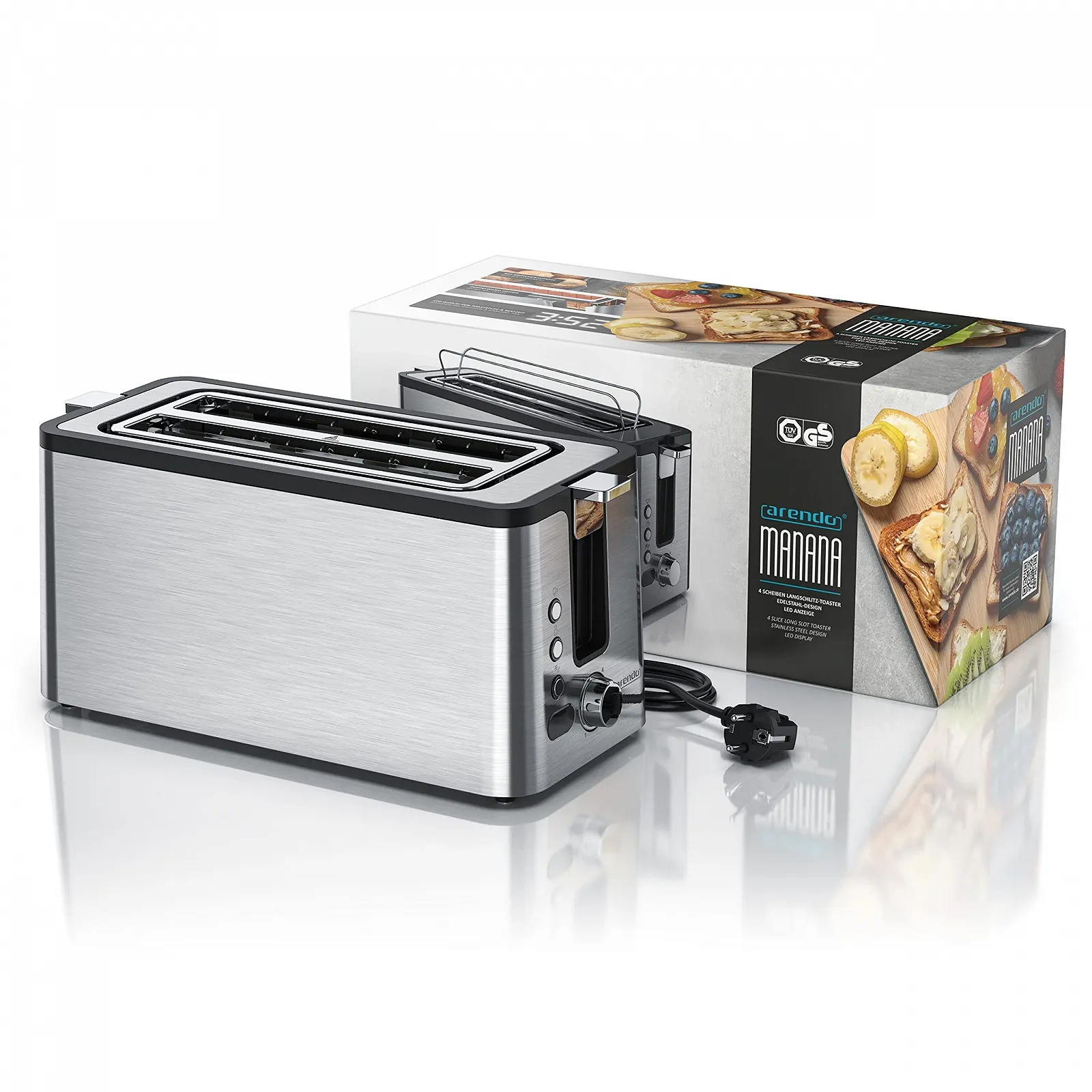 Тостер Arendo з нержавіючої сталі з довгим слотом на 4 скибочки, функція розморожування, теплоізоляційний корпус, з інтегрованою насадкою для булочок, 1400 Вт, піддон для крихт, дисплей з відображенням часу, фото №7