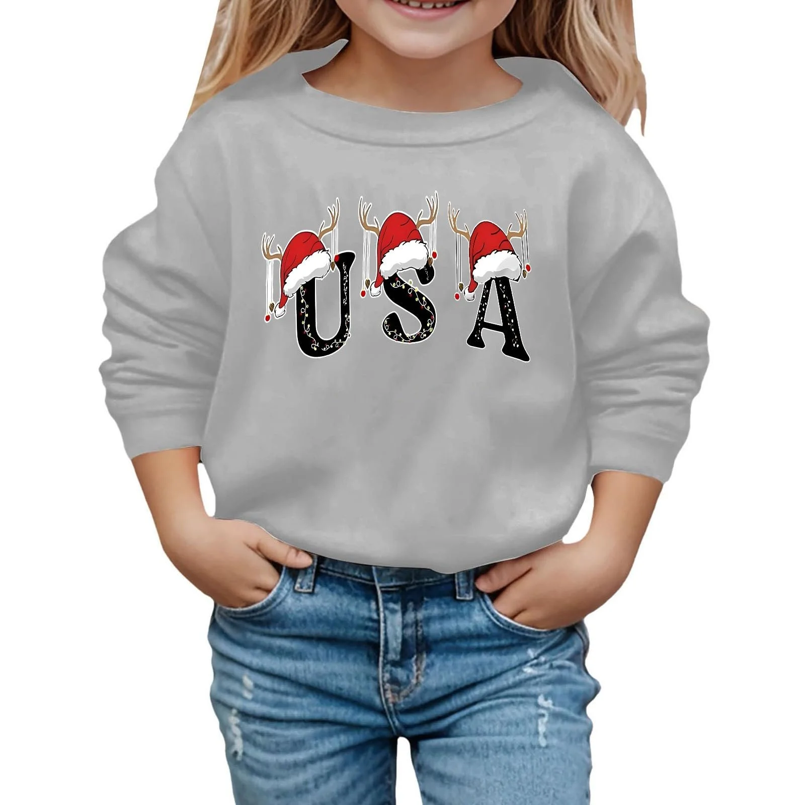 Рождественский джемпер для девочки, размер 164, свитшот, детский, с длинными рукавами, круглый вырез горловины, с принтом букв, легкий, S, блузка, фото №1