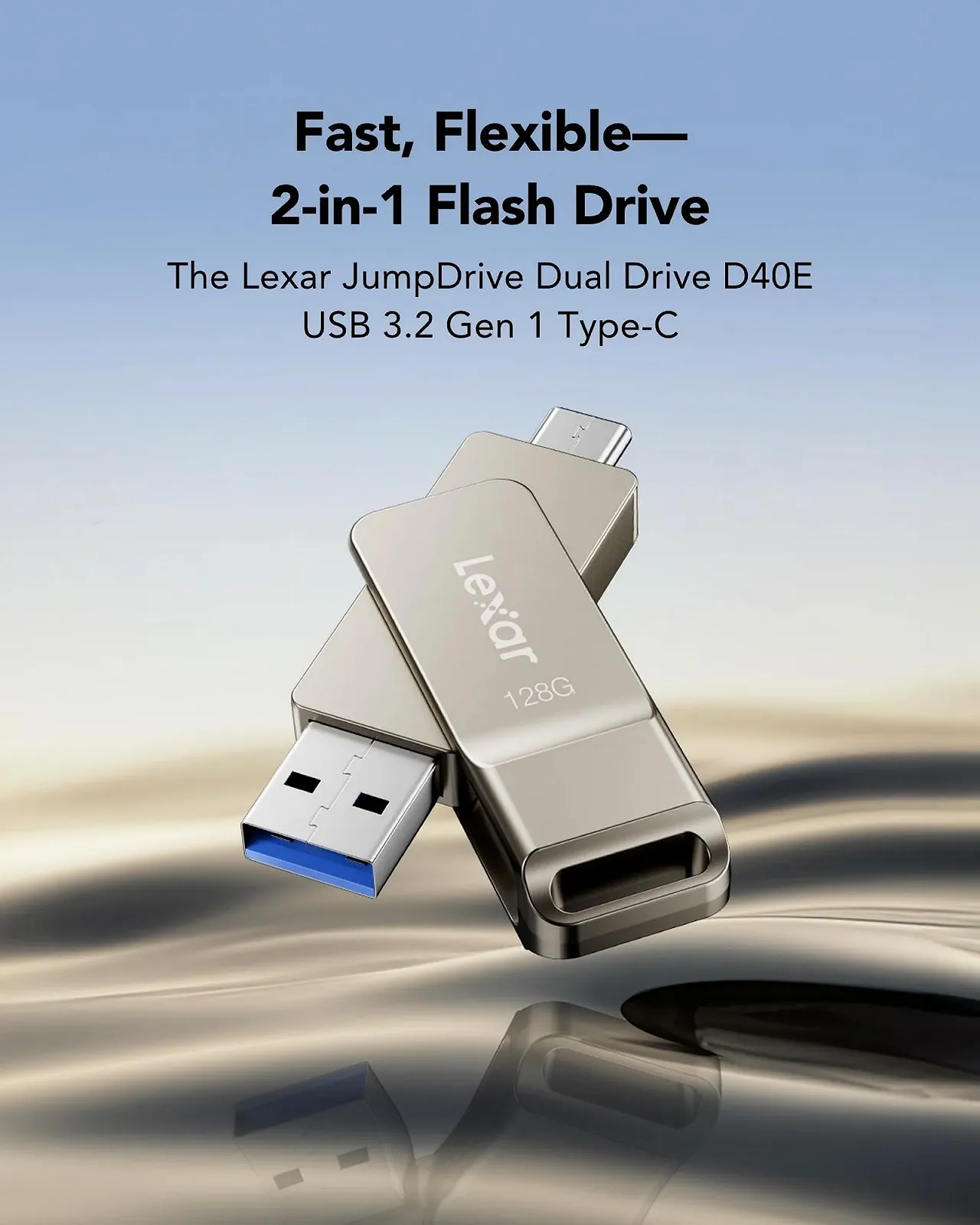 USB-флеш-накопичувач Lexar JumpDrive D40E 128GB USB 3.2 Gen 1 Type-C Dual Drive Металевий корпус Поворотний дизайн Silver Champagne, фото №3 USB-флеш-накопичувач Lexar JumpDrive D40E 128GB USB 3.2 Gen 1 Type-C Dual Drive Металевий корпус Поворотний дизайн Silver Champagne, фото №3