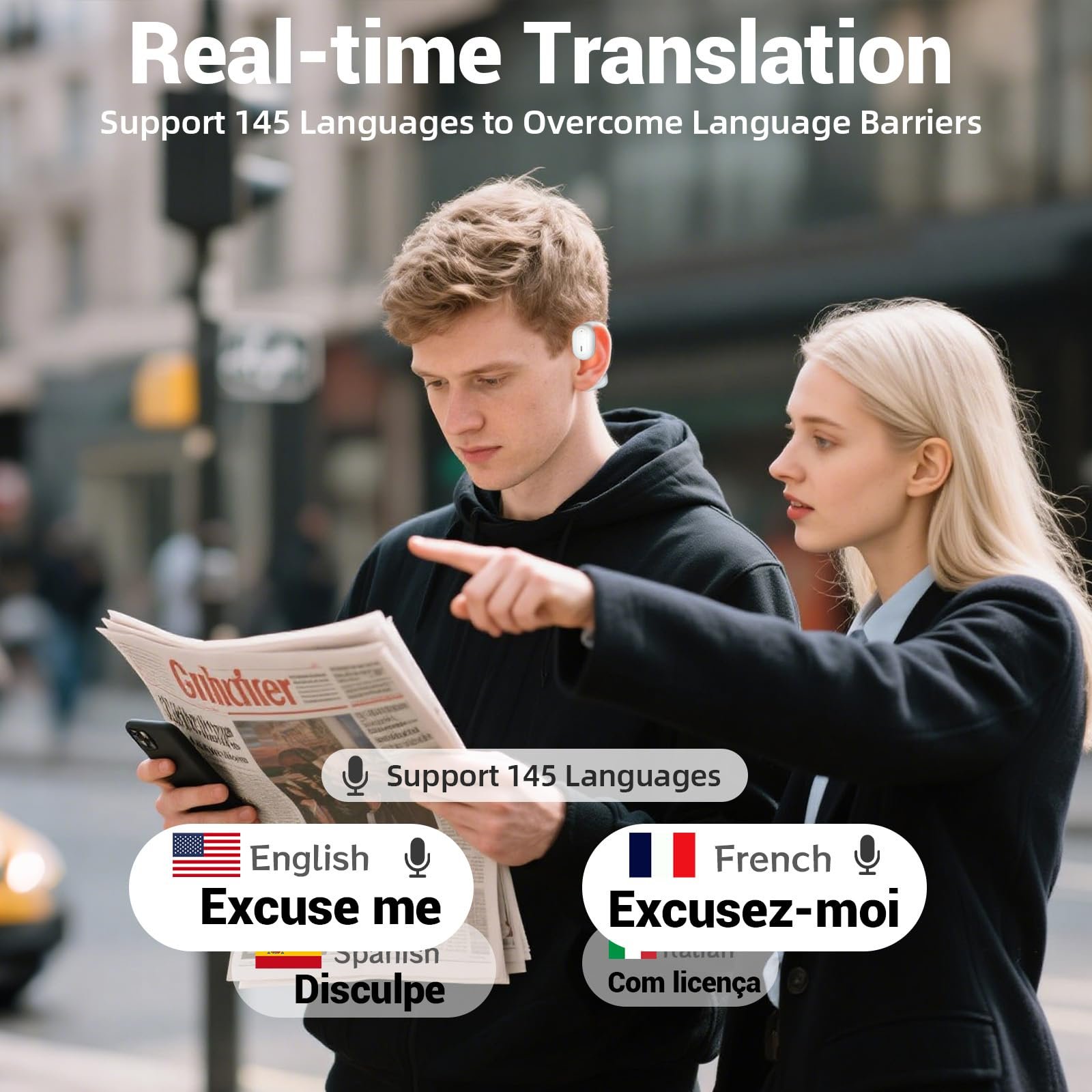 Навушники-перекладачі AI, покращені для перекладу мов у реальному часі з додатком, Bluetooth 5.4, 6 режимів, фото №2