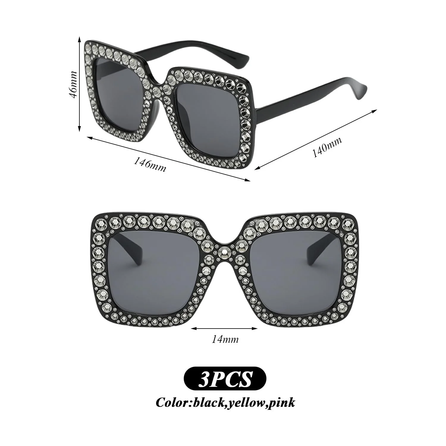 Сонцезахисні Окуляри Квадратні Стрази RELKLYU 3 шт Різнокольорові, фото №2