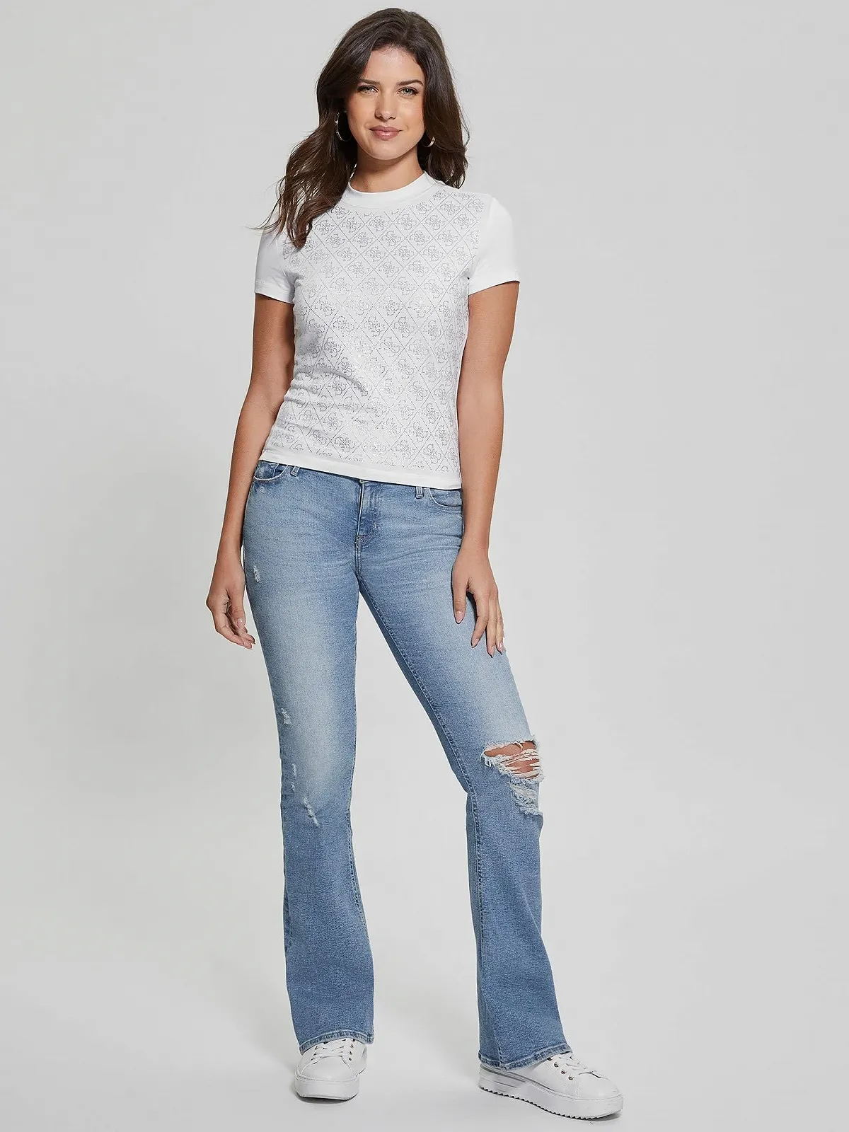 Футболка GUESS жіноча з короткими рукавами, коміром-стійкою, 4 г, чисто біла, маленька, фото №3